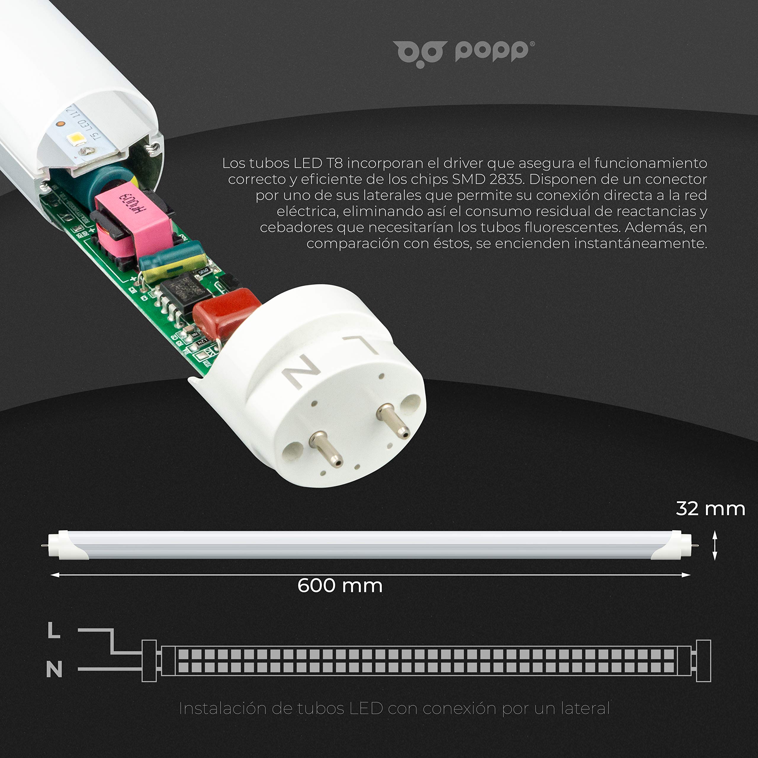 Popp® Tubo LED Aluminio AC Input Un lado 9W 60cm SMD 2835 800Lm 150° (25 unidad, 4000K)