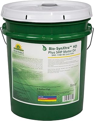 Renewable Lubricants 85354 Bio SynXtra HD Plus Super High Performance Low Ash Motor Oil SAE 15W40, 5 Gallon Pail