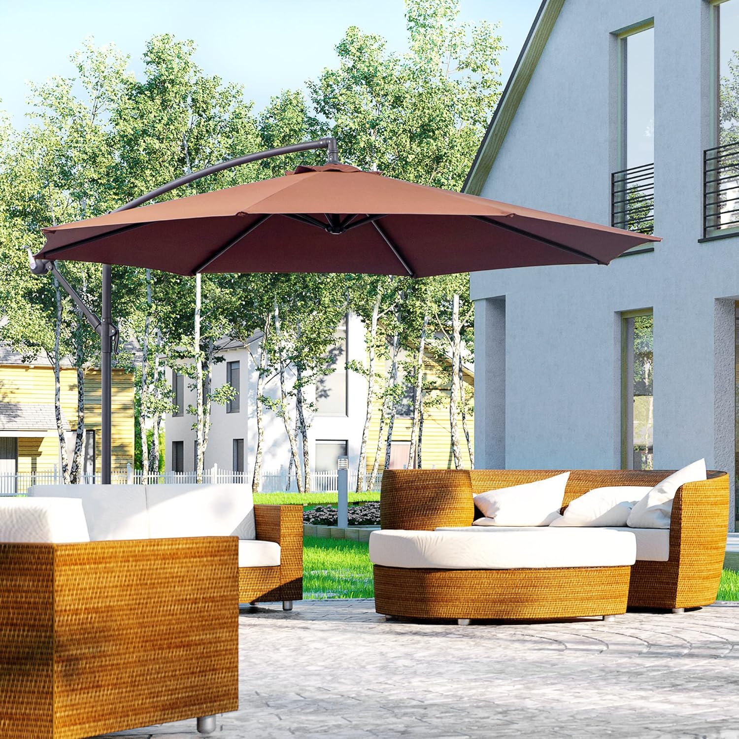 Brown Cantilever Patio Umbrella with UV Protection and Sturdy Stand