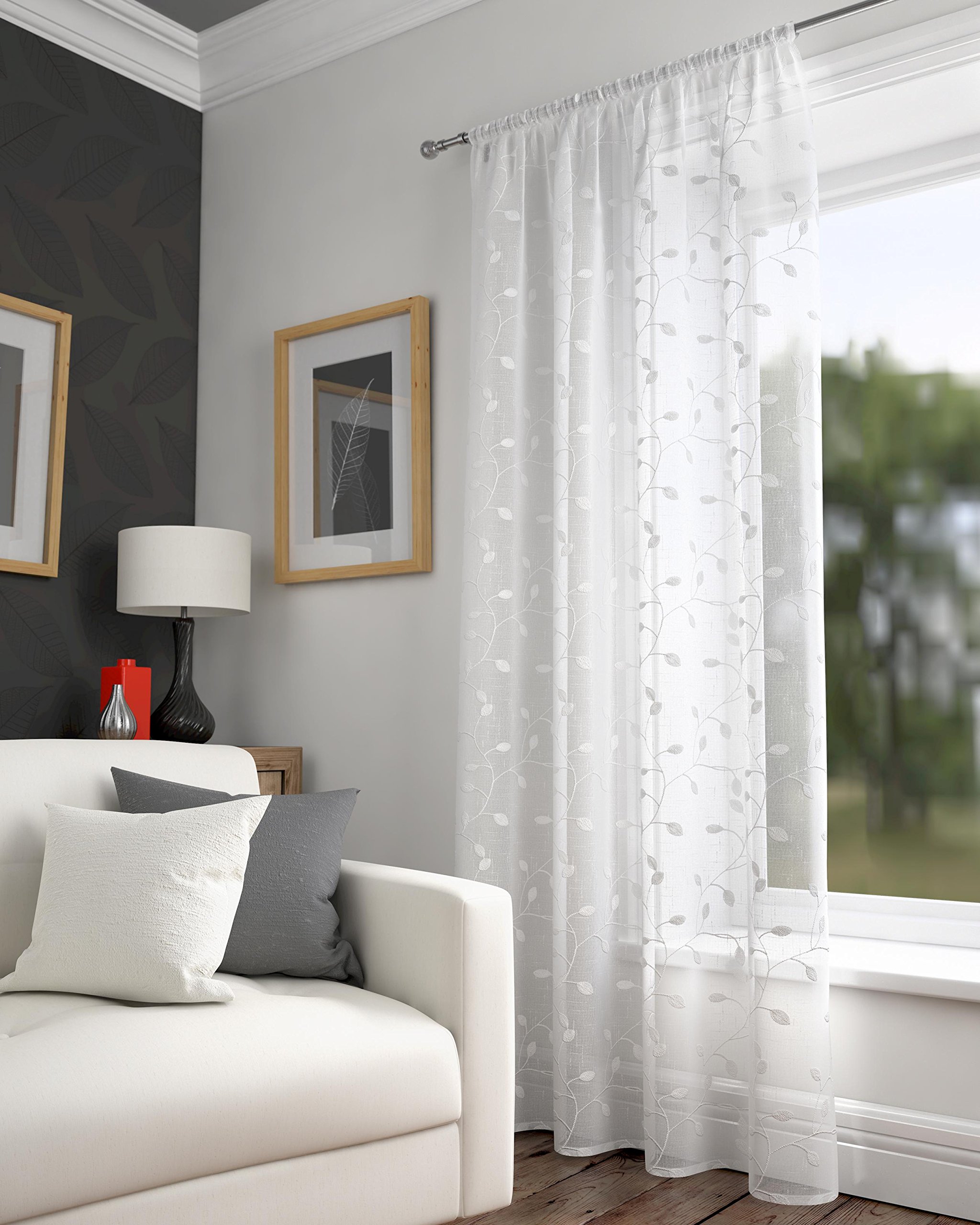 Ians Emporium One Single Harrogate Embroidered Leaf Design Voile Slot Top Curtain Panel - WHITE - 55" W x 90" L - Curtains At Home