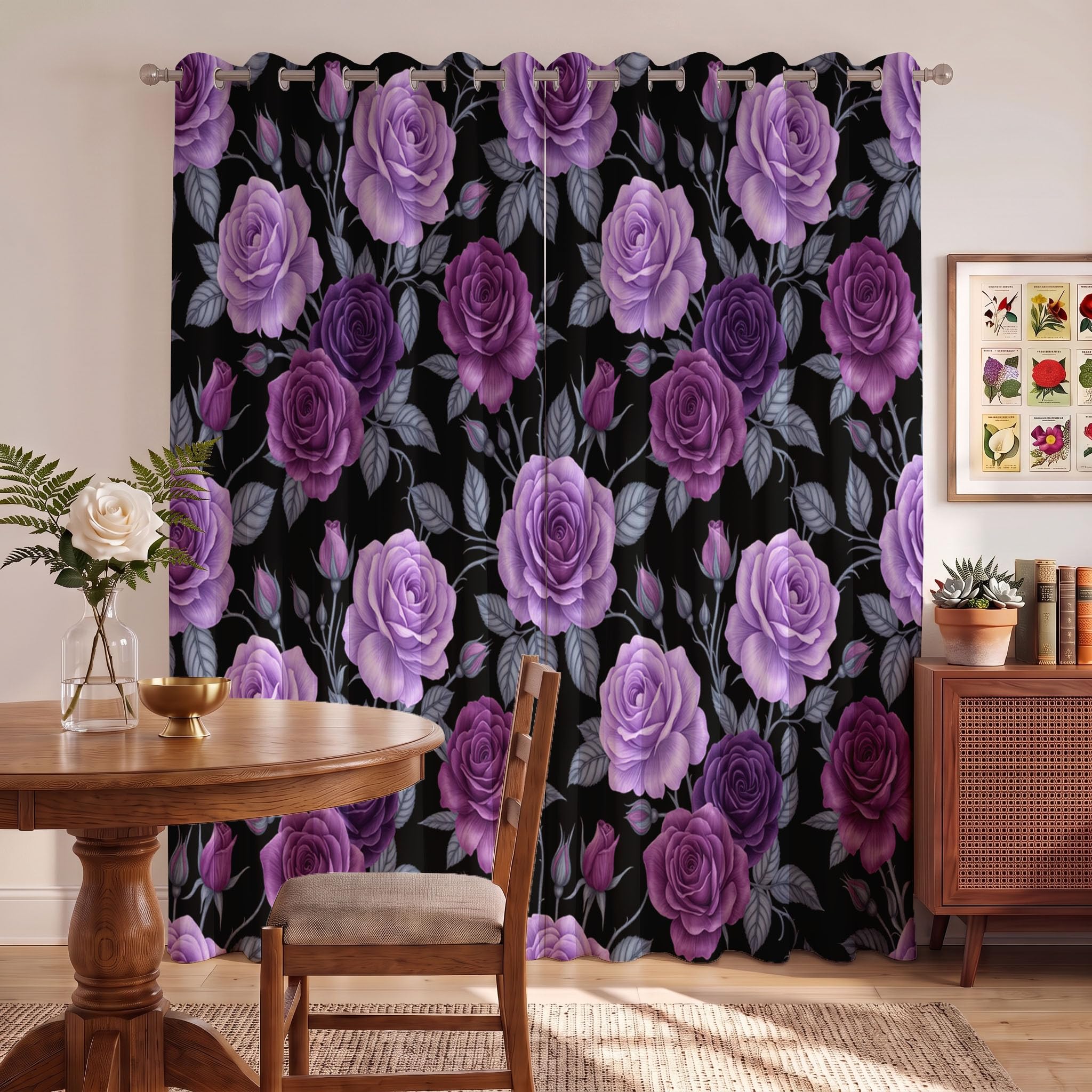 Cortinas Opacas Térmicas Decorativas Tema De La Rosa Gótica | Flores Oscuras En Acuarela 2 Piezas 140Anx240Al Cm, Cortinas De Privacidad para Ventanas De Sala De Estar, Púrpura