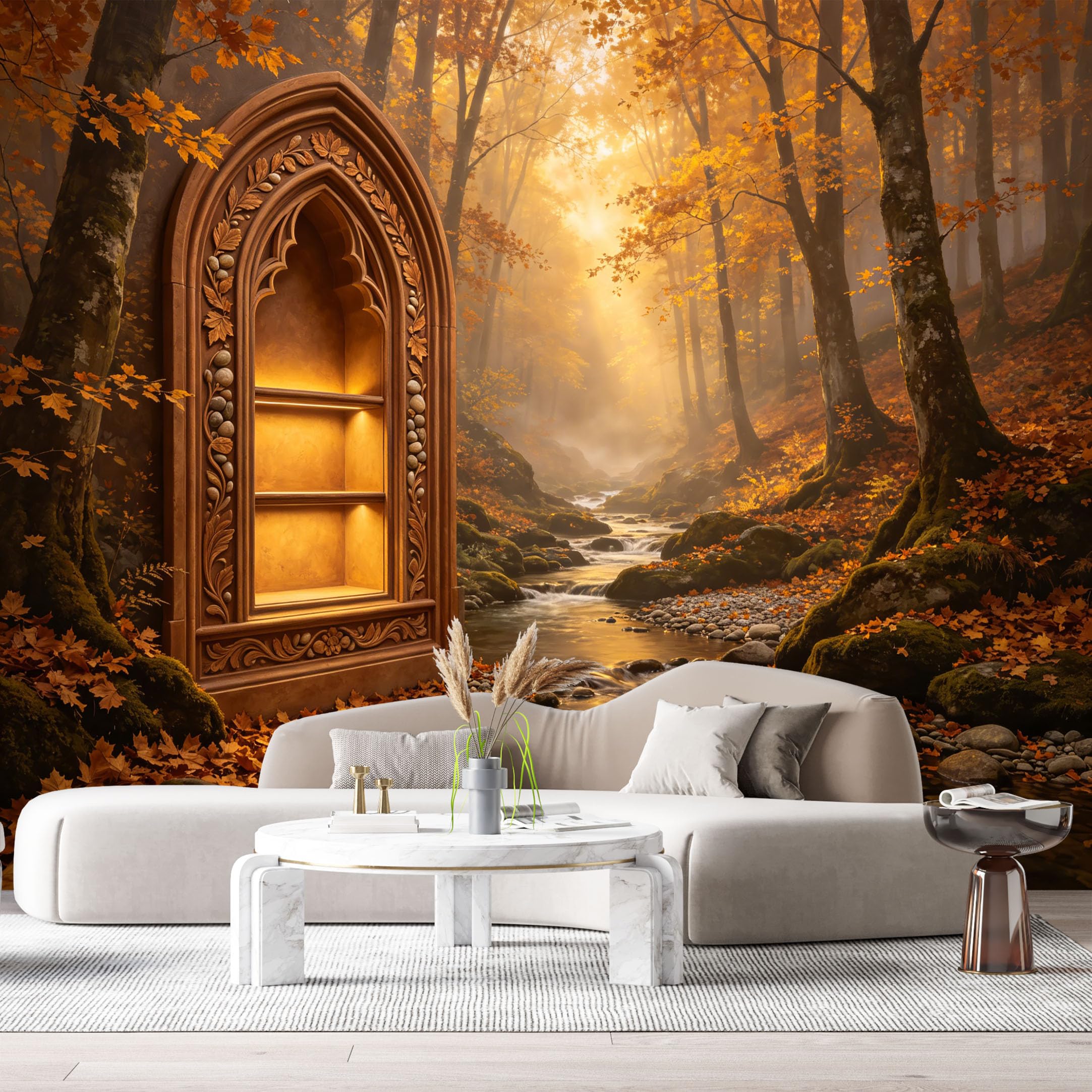 Custom Size Wall Murals Gothic Fantasy Forest Door Mist Stream 3D Trompe L'Oeil SelfAdhesiveWall Fabric Removable Wallpaper Wall Decor for Living Room Bedroom Bathroom