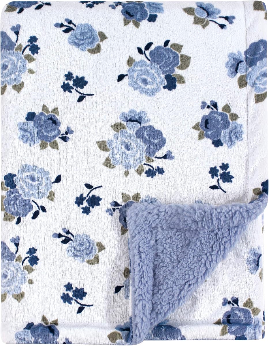 Luvable Friends Unisex Baby Plush Blanket with Sherpa Back, Blue Floral, One Size