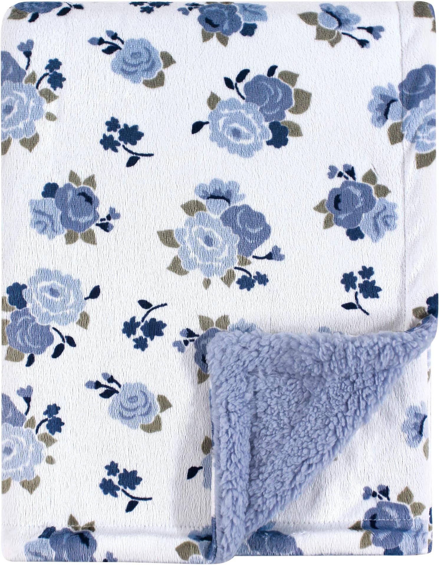 Luvable Friends Unisex Baby Plush Blanket with Sherpa Back, Blue Floral, One Size