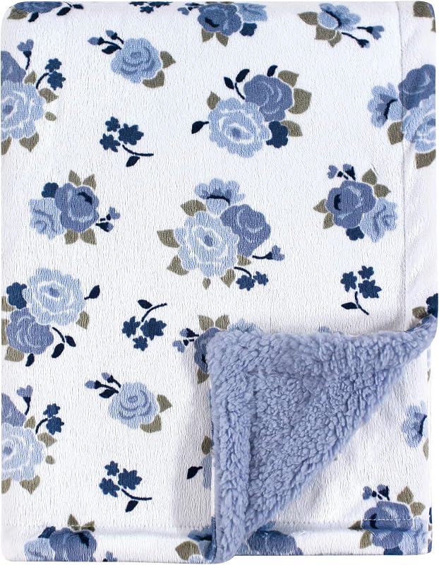 Luvable Friends Unisex Baby Plush Blanket with Sherpa Back, Blue Floral, One Size