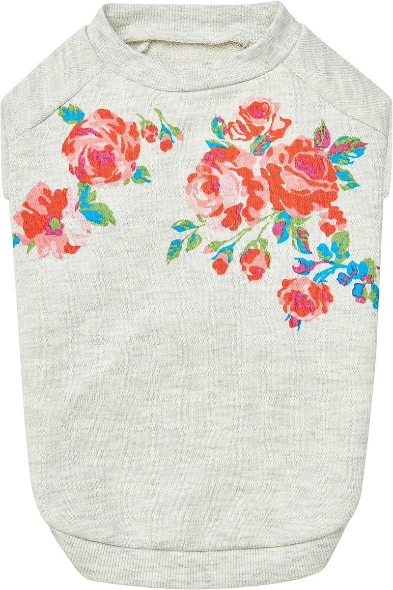 Blueberry Pet Floral Rose Print Pullover Sweatshirt for Dogs, 10 inch Back Length, Lightweight Spring Outfit in Grey