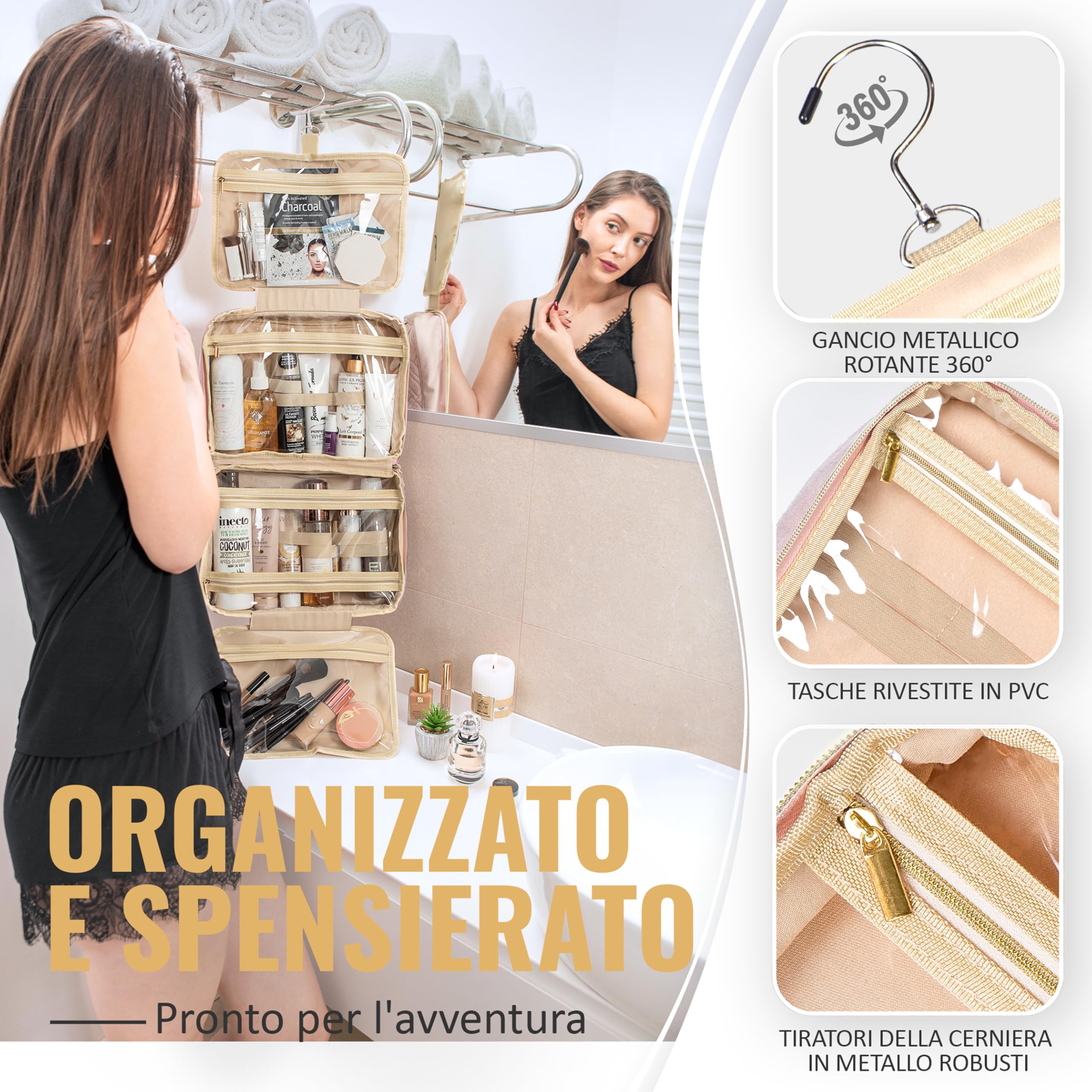 BOACAY Grande Beauty Case da Viaggio, Borsa da Toilette Appendibile per Donna e Ragazza, Trousse per Trucchi e Organizer per Cosmetici e Accessori