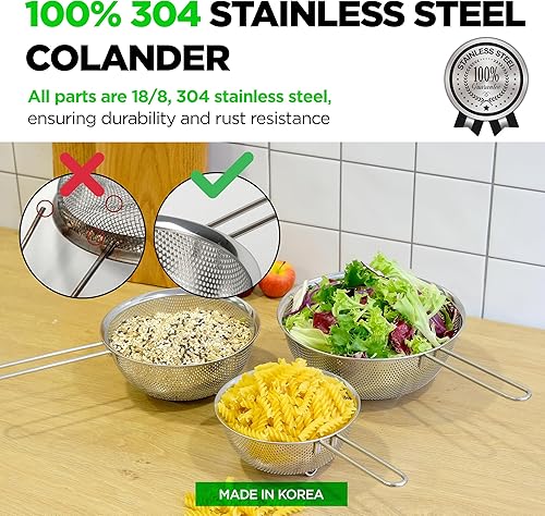 Miniatura 2 de Juego de 3 coladores de acero inoxidable 188 304 prémium con mango largo, coladores microperforados de 1.5-2.5-4 cuartos de galón, base sólida