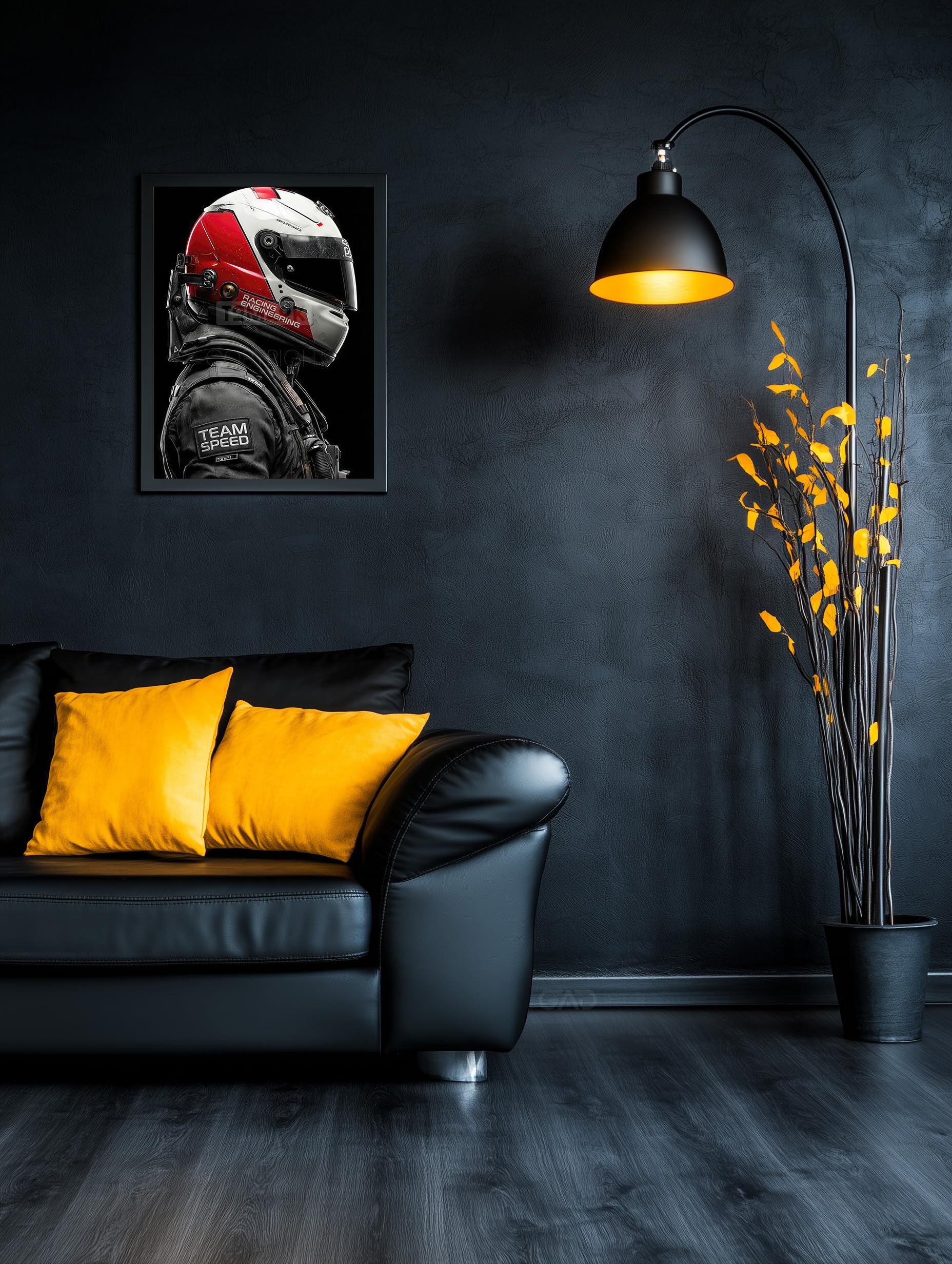 Tomaok® - Póster con impresión de cartel (marco no incluido), diseño de piloto de carreras de estilo futurista intenso, casco de carreras y espíritu circuito, decoración de fotos automotriz