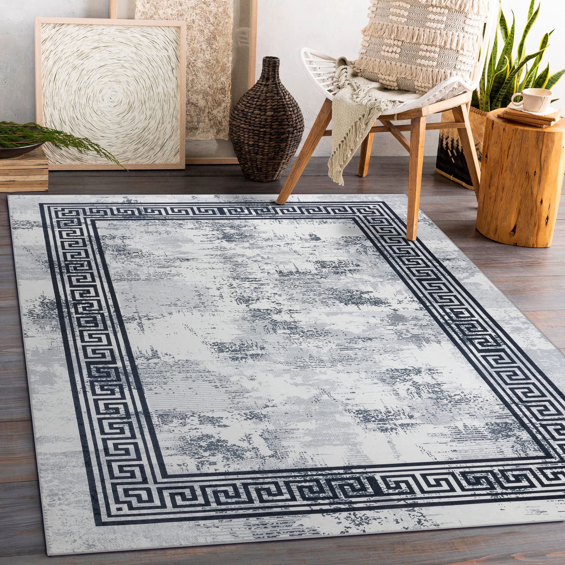 rugsx Tappeto moderno lavabile ANDRE per la camera dei bambini, il soggiorono, la hall, la moquette lavabile in lavatrice, Marmo, Greco, antiscivolo - nero/bianco 160x220 cm