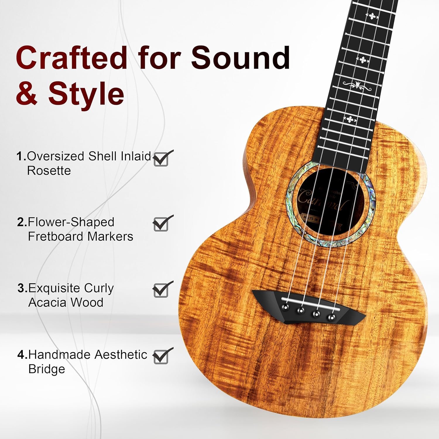 Caramel CAG28 Glossy Curly Acacia 23" Concert Ukulele for Beginner | Handmade Ukelele Starter Kit