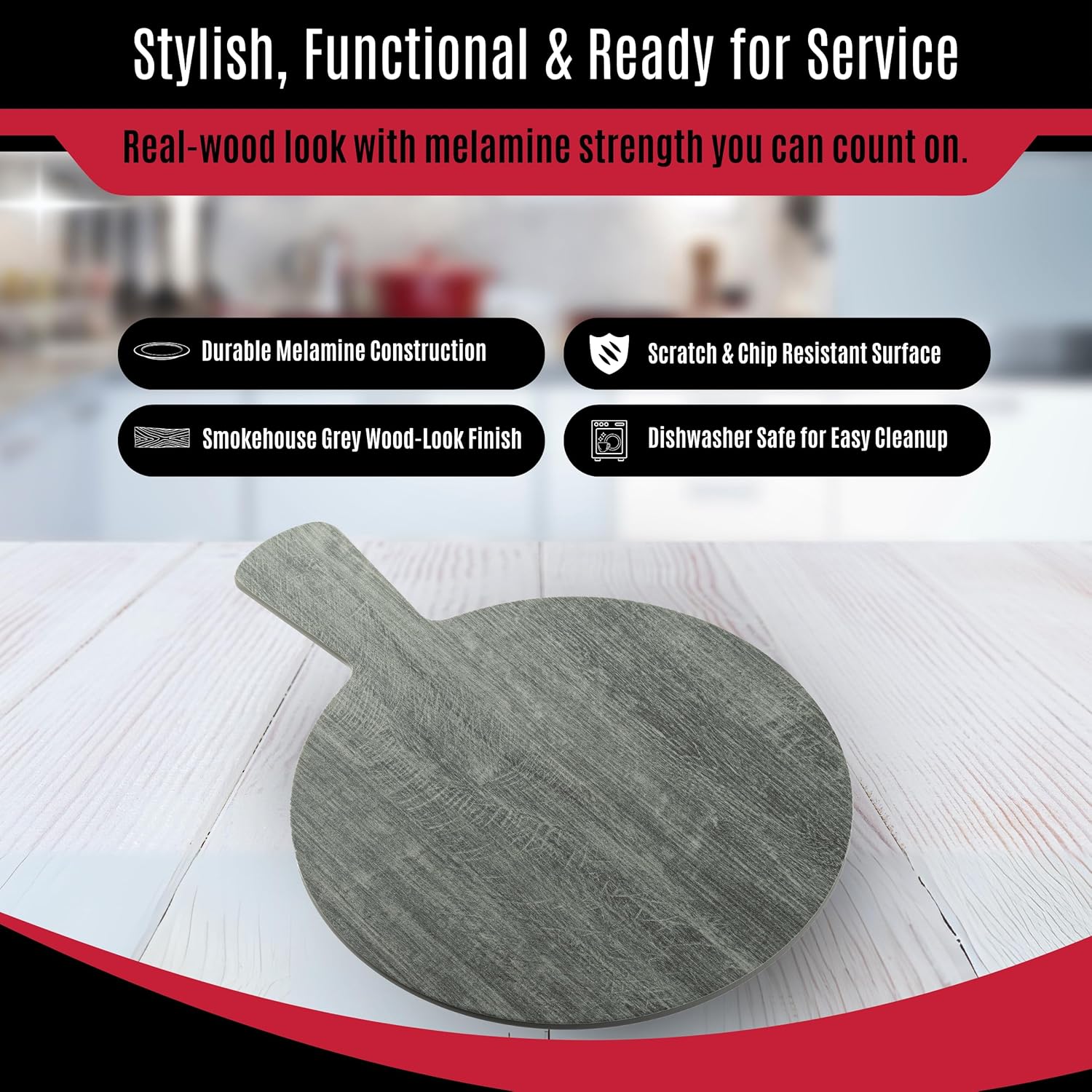 Tablecraft 12451 Round Serving Paddle with Handle, Melamine, Gray Wood Decal, 13-3/4" x 10", 4-1/2" Handle, Rustic Style, Dishwasher Safe, For Indoor/Outdoor Usage, Ideal for Bars and Restaurants