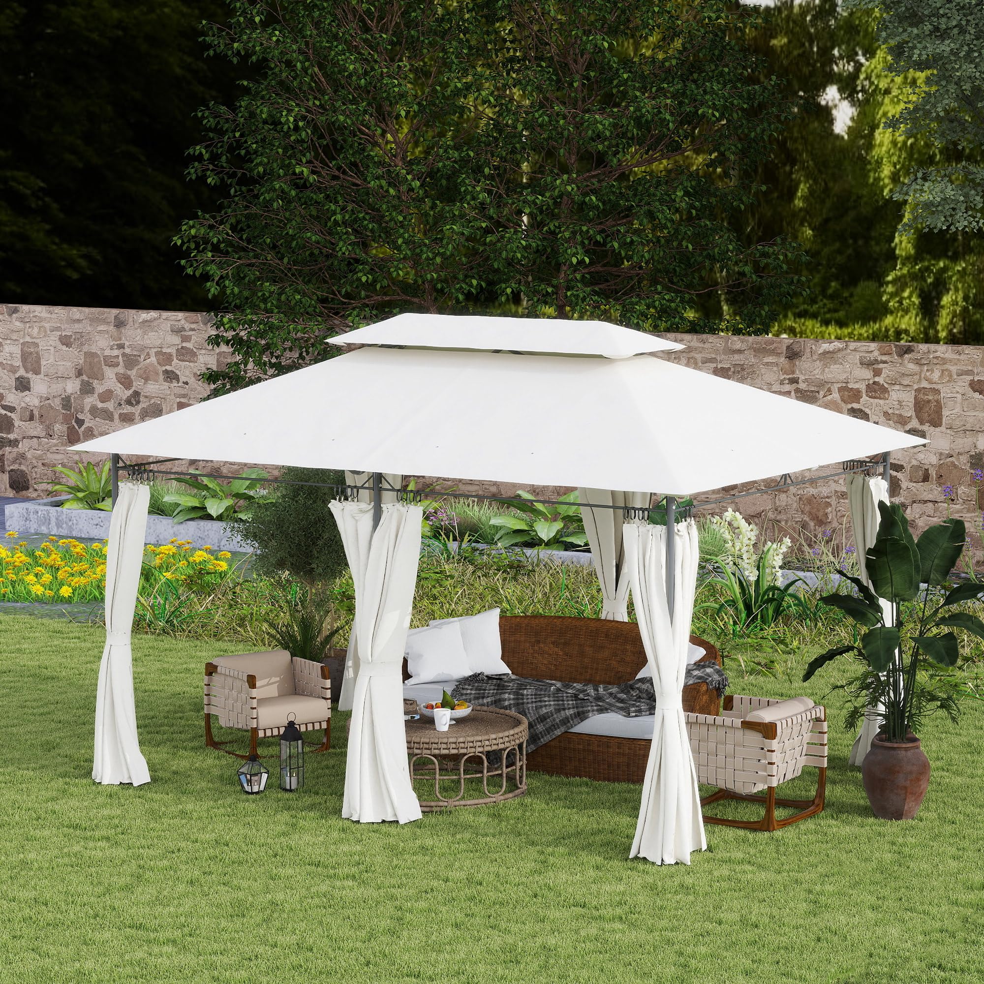 Outsunny Cenador de Jardín 4x3 m, Pabellón de Jardín Gazebo con Doble Techo, 6 Paredes Laterales, Estructura Metálica, Orificios de Drenaje, Carpa para Exterior, Terraza, Patio, Crema