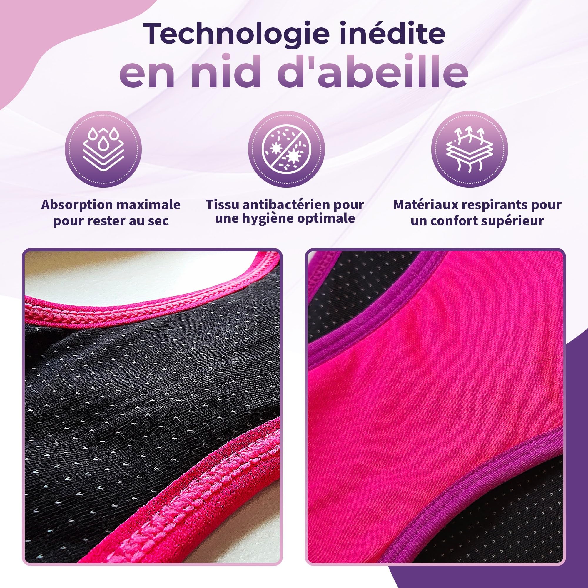 Lot 3 Culottes Menstruelles Adolescentes en Fibre de Bambou | Absorption Nid d'Abeille, Respirantes, Antibactériennes | Ultra absorbantes pour Flux Léger à Flux Très Abondant | Jeunes Filles et Ado