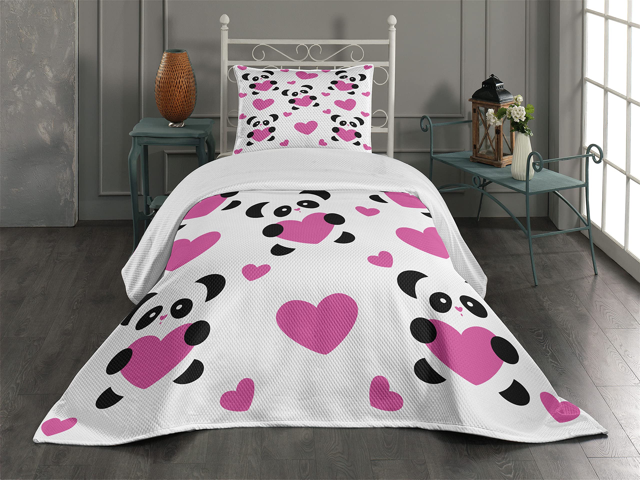 Ambesonne Love Coverlet, Day of Love Pandas and Hearts Cartoon Cheerful Wildlife Fun Art, 2 Piece Decorative Quilted Bedspread Set with 1 Pillow Sham, Twin Size, Fuchsia Black White