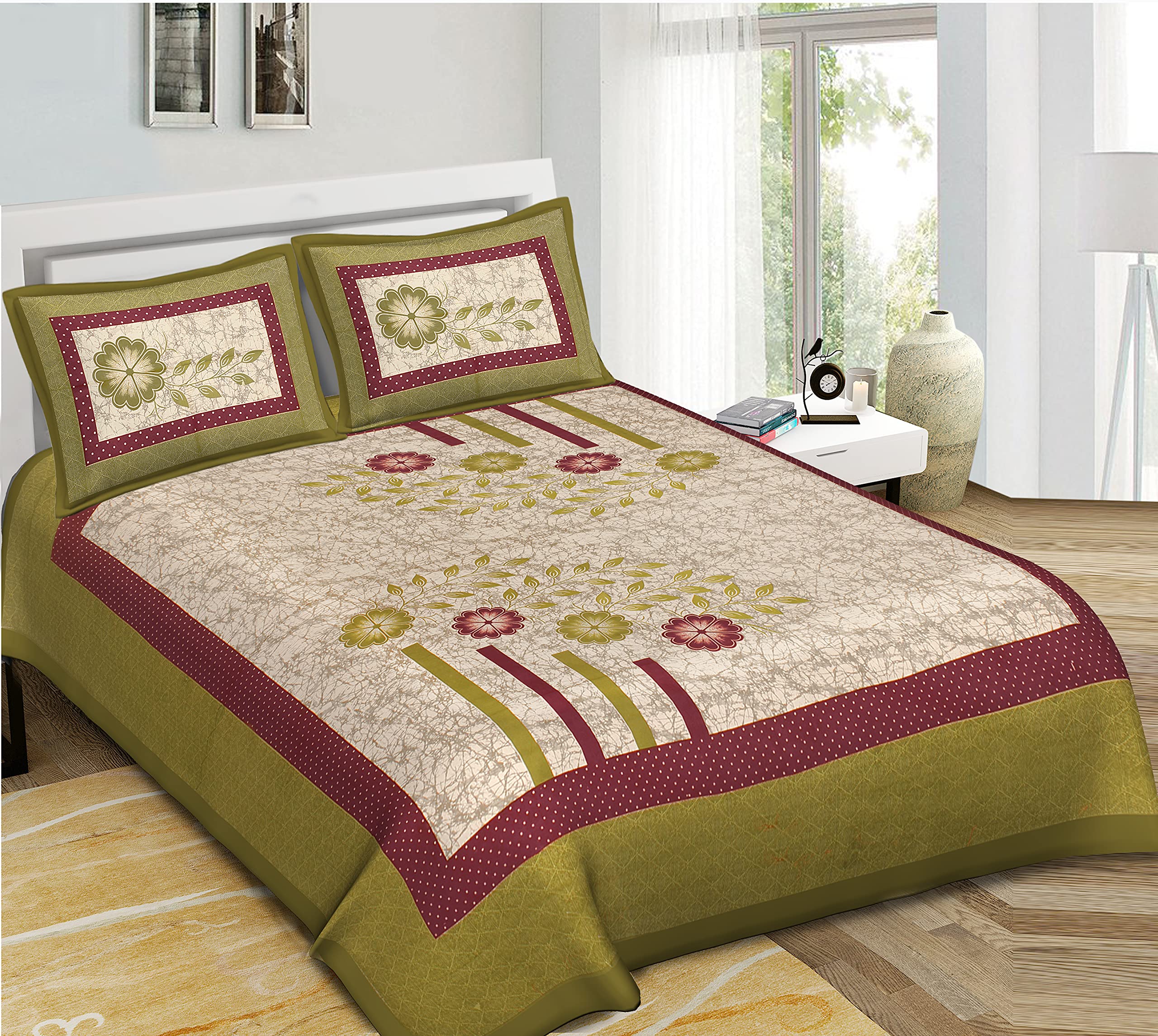 NYARI 100% Pure Cotton BEDSHEET with 2 Pillow Cover (Olive)