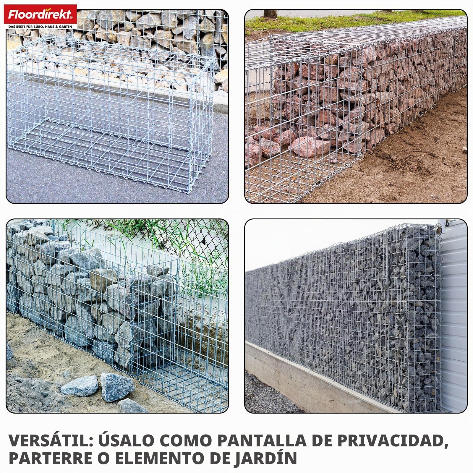 Floordirekt Gabione, Cesta de piedra de metal, 100 x 50 x 30 cm, cesta de alambre galvanizado con malla de 5 x 10 cm, pared de piedra como valla de jardín, rejilla de gaviones como protección visual