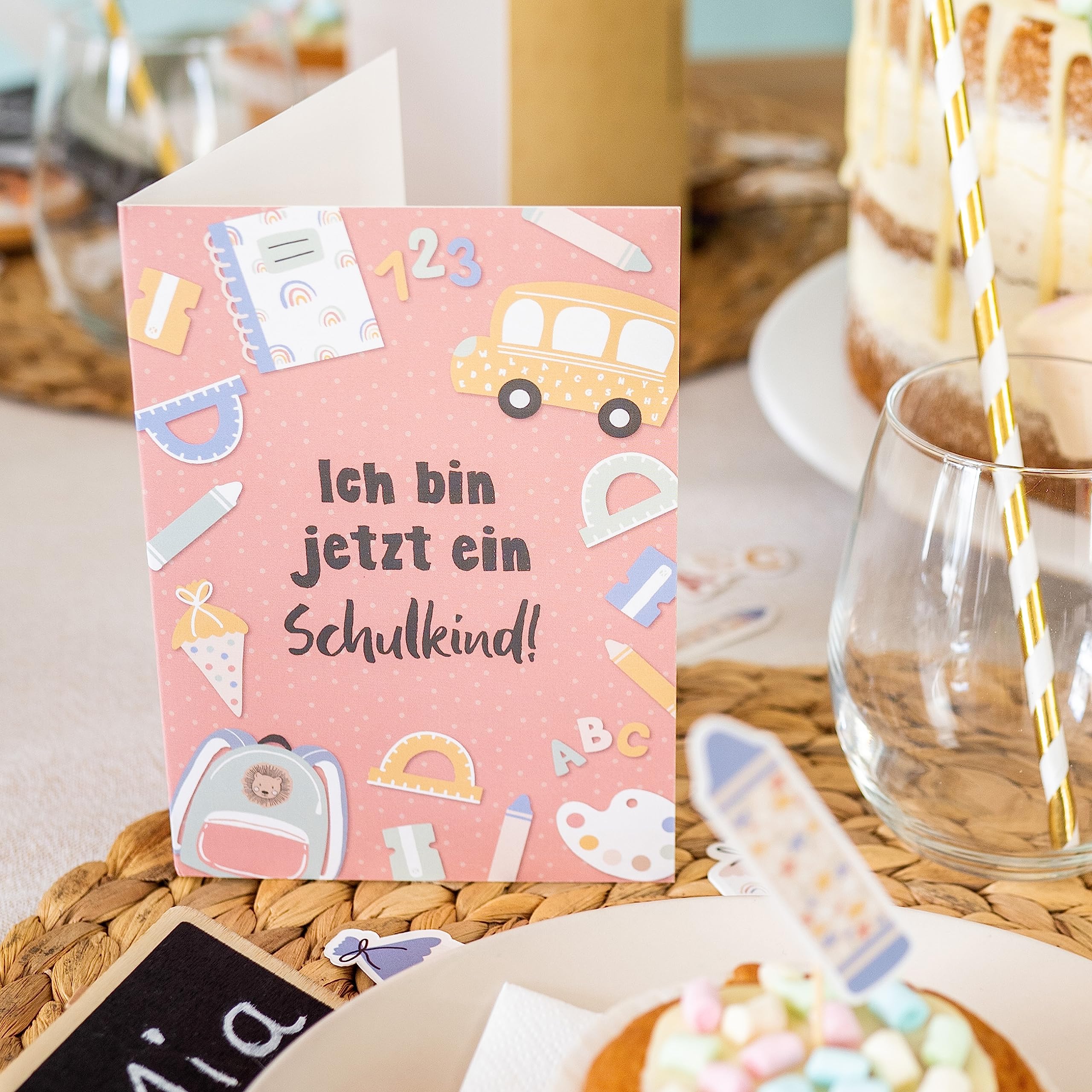 Papierdrachen 6 folding greeting cards including envelope and 6 stickers for school enrolment greetings for the school child child-friendly greeting cards for the beginning of school pastel - Image 3