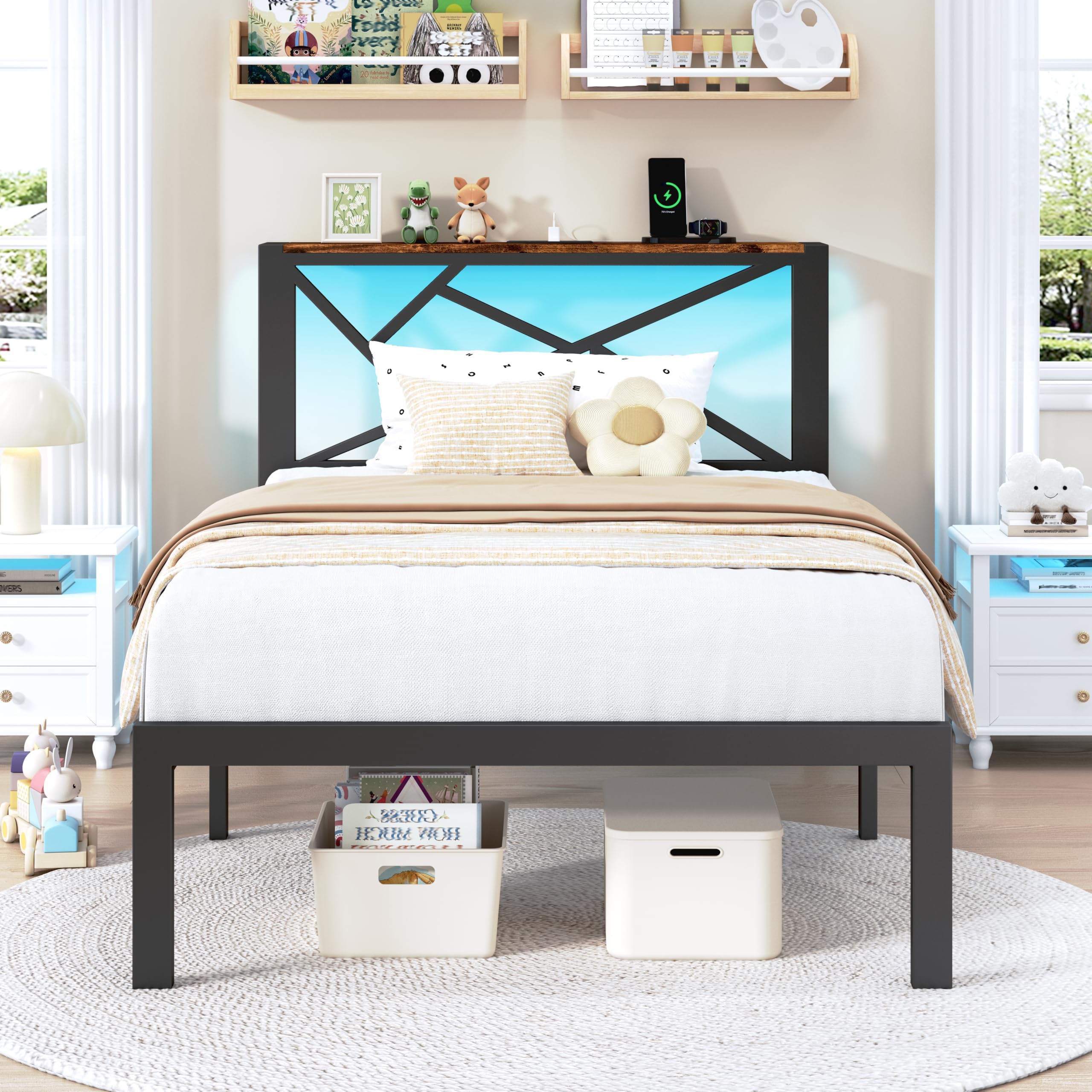 DynJest Twin Size Metal Bed Frame with LED Lights, Storage Headboard with Charging Station, Modern Twin Platform Bed with Heavy Duty Supports, No Box