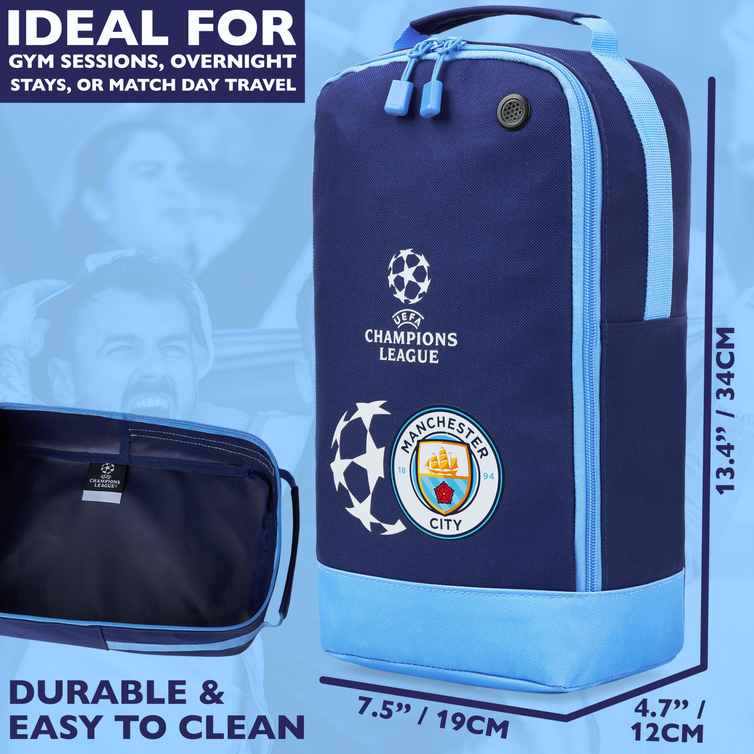 Manchester City F.C. - Borsa per scarpe da calcio, adulti, adolescenti, sport, ventilazione, per bambini, tifosi, viaggi, in PE, rugby, cricket, hockey, 19 x 34 x 12 cm