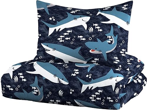 Miniatura 2 de Dream Factory Sharks - Juego de ropa de cama de algodón para niños, tamaño individual, 2 piezas, color azul marino Tiburones de la Marina,Multicolor