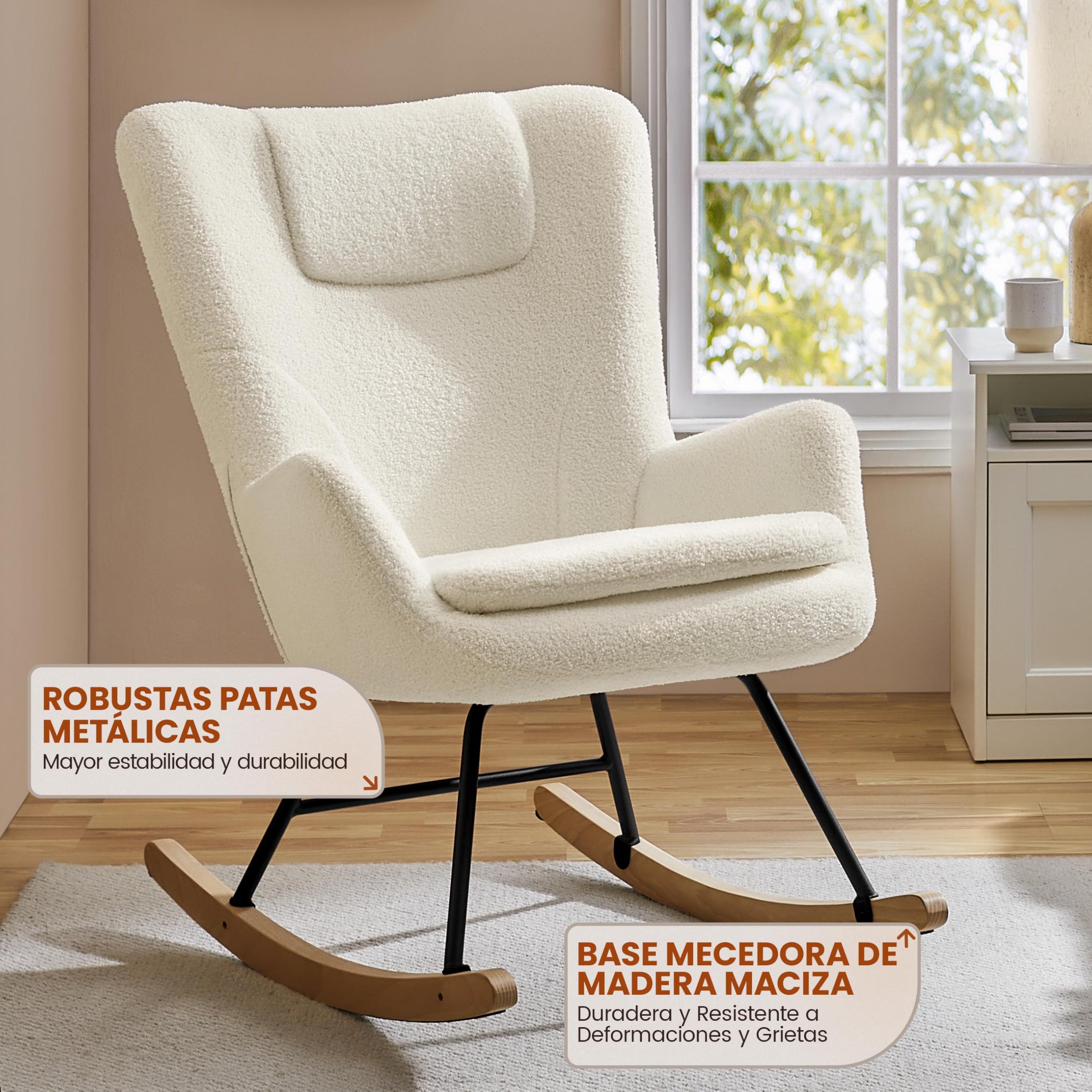 Yaheetech Silla Mecedora Relax Tapizada en Boucle Sillón Balancín con Estructura Metal y Madera de Haya Respaldo Alto Soporta 136 kg Ideal Salón Dormitorio Beige