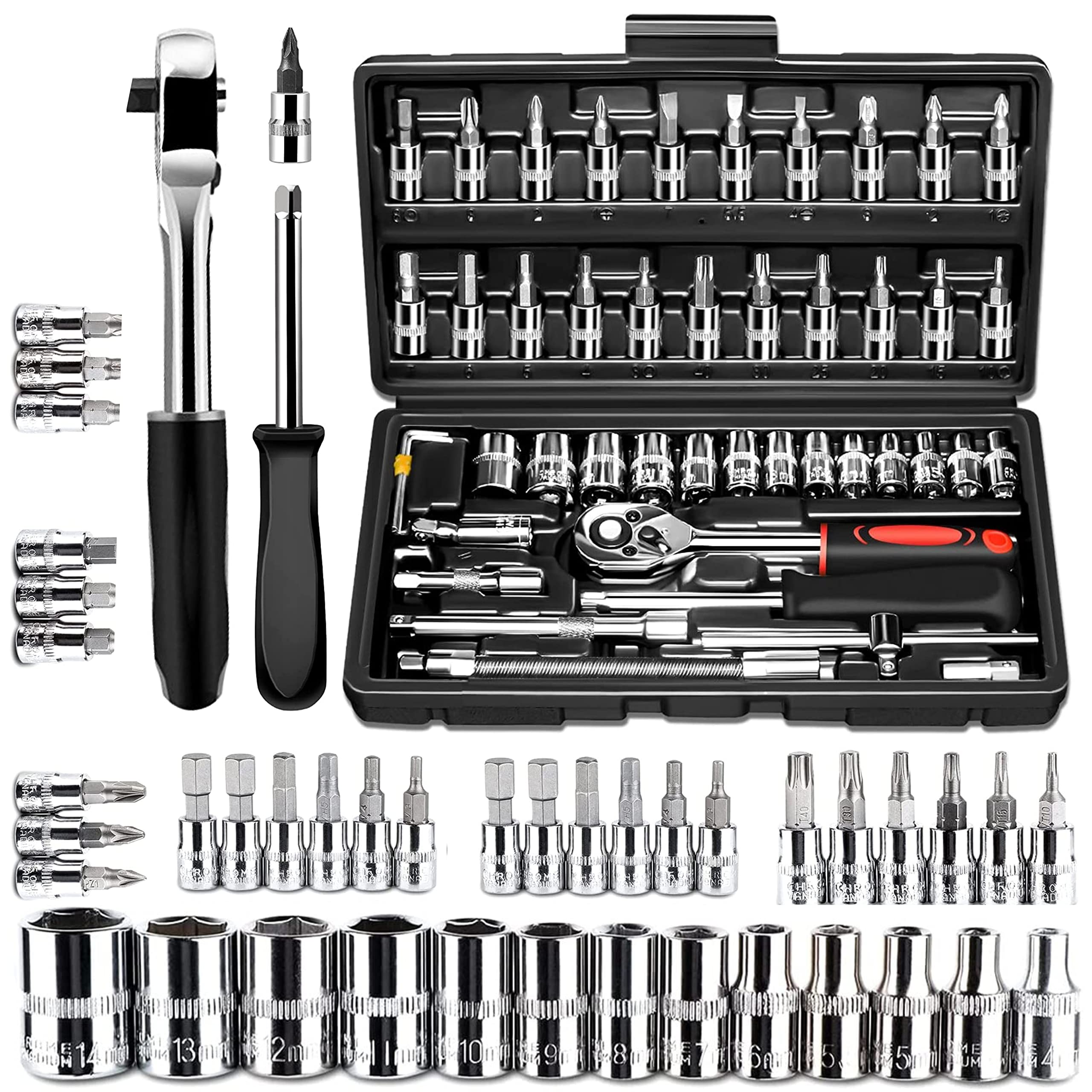 Quicknik Tool Kit 46-Piece 1/4-inch Screwdriver Drive Socket Wrench Set Ratchet Mechanic Tools Kit Bit Sockets with Extension Bar for Automotive Repair& Household, Metric with Storage Case