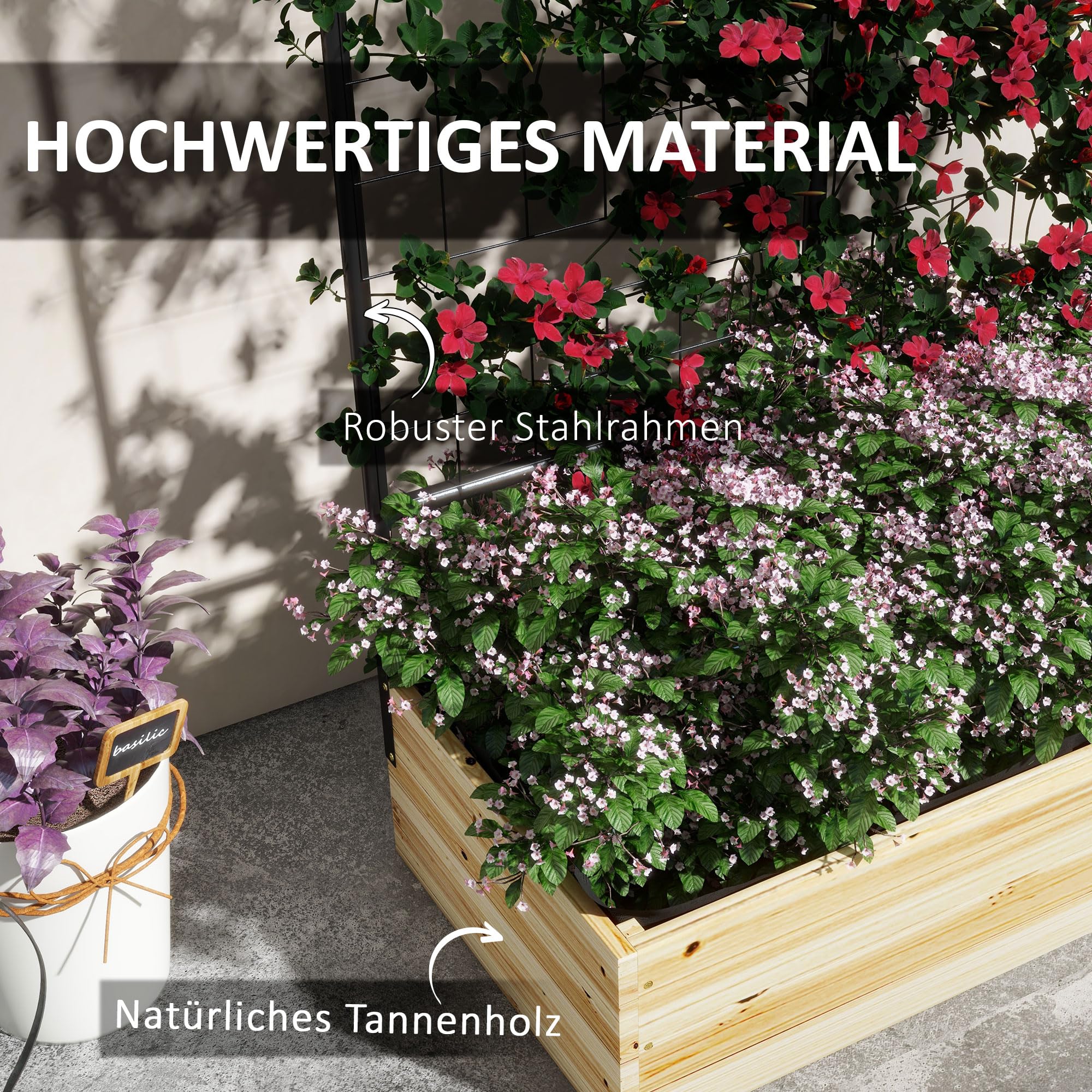 Outsunny Hochbeet mit Rankhilfe Pflanzkasten 80 x 38 x 145 cm Naturholz | Kräuterbeet, Blumenkasten mit Rankgitter, Garten, Balkon