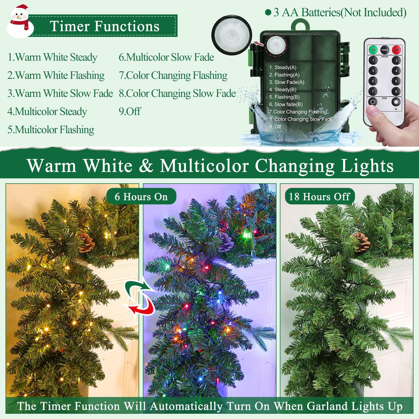 Weihnachtsgirlande mit 100 LEDs, Timer, 8 Modi, 30 Schneeborsten, 6 Weihnachtsstern, 18 Kugeln, 18 Tannenzapfen, 198 rote Beeren, batteriebetrieben, für den Innenbereich, Kaminsims