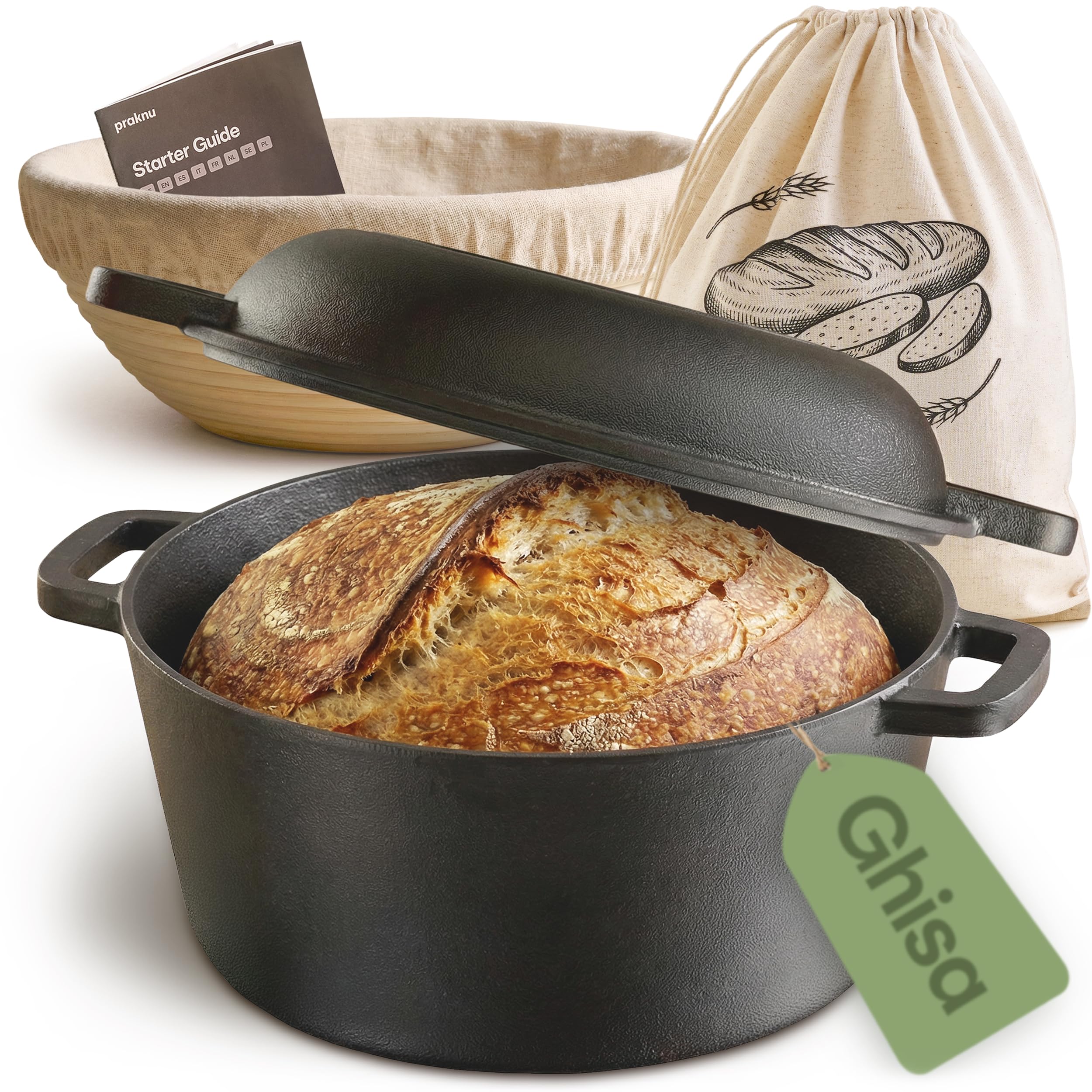 Praknu Pentola Ghisa 26 cm – Casseruola In Ghisa Set – con Cestino Lievitazione & Sacchetto Per Pane – Coperchio Incluso – 4,7 L Dutch Oven