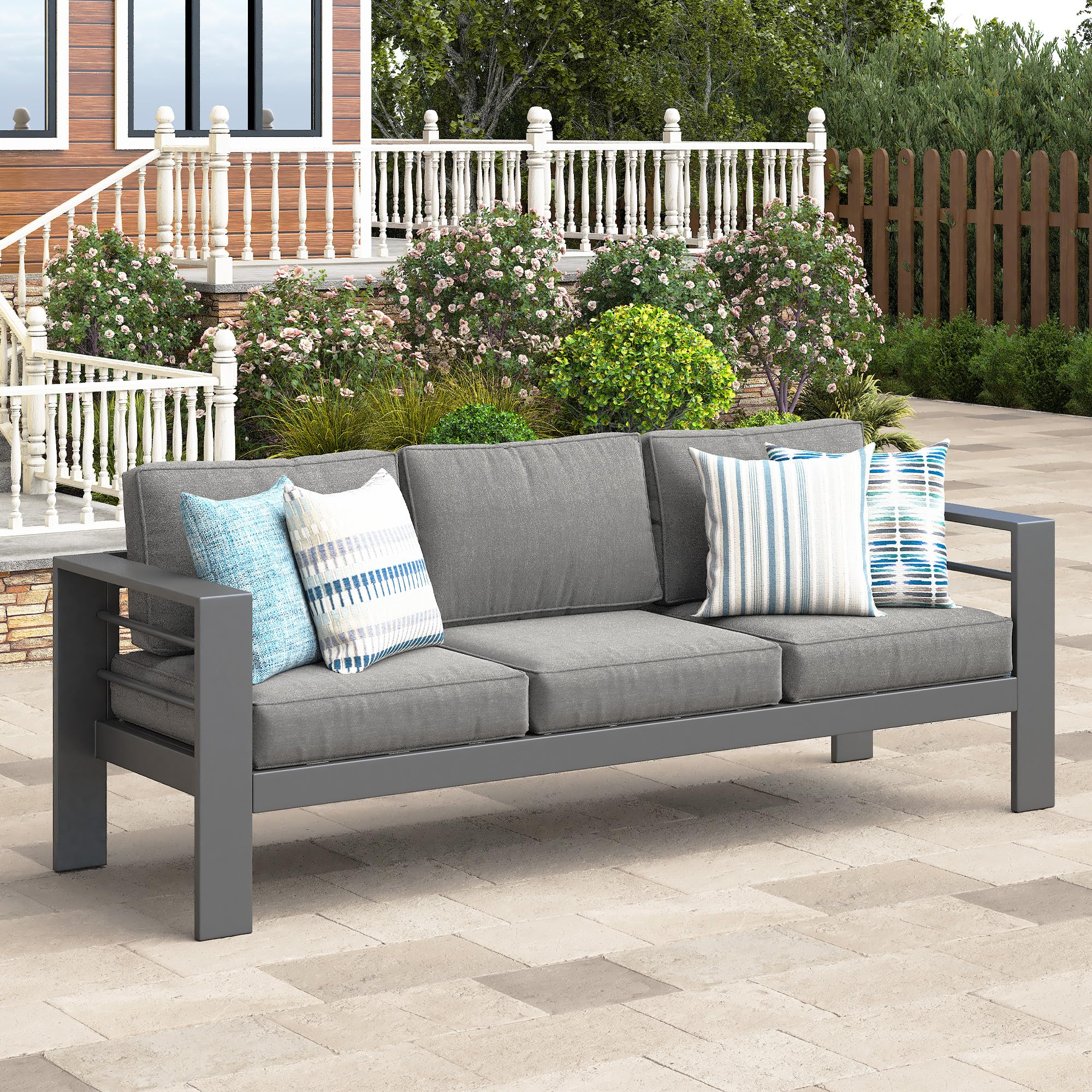 wisteria lane patio furniture metal sofa, metal outdoor chairs with upgraded cushions, all-weather outdoor 3 seats sofa couch for balcony, garden, deck, backyard, grey