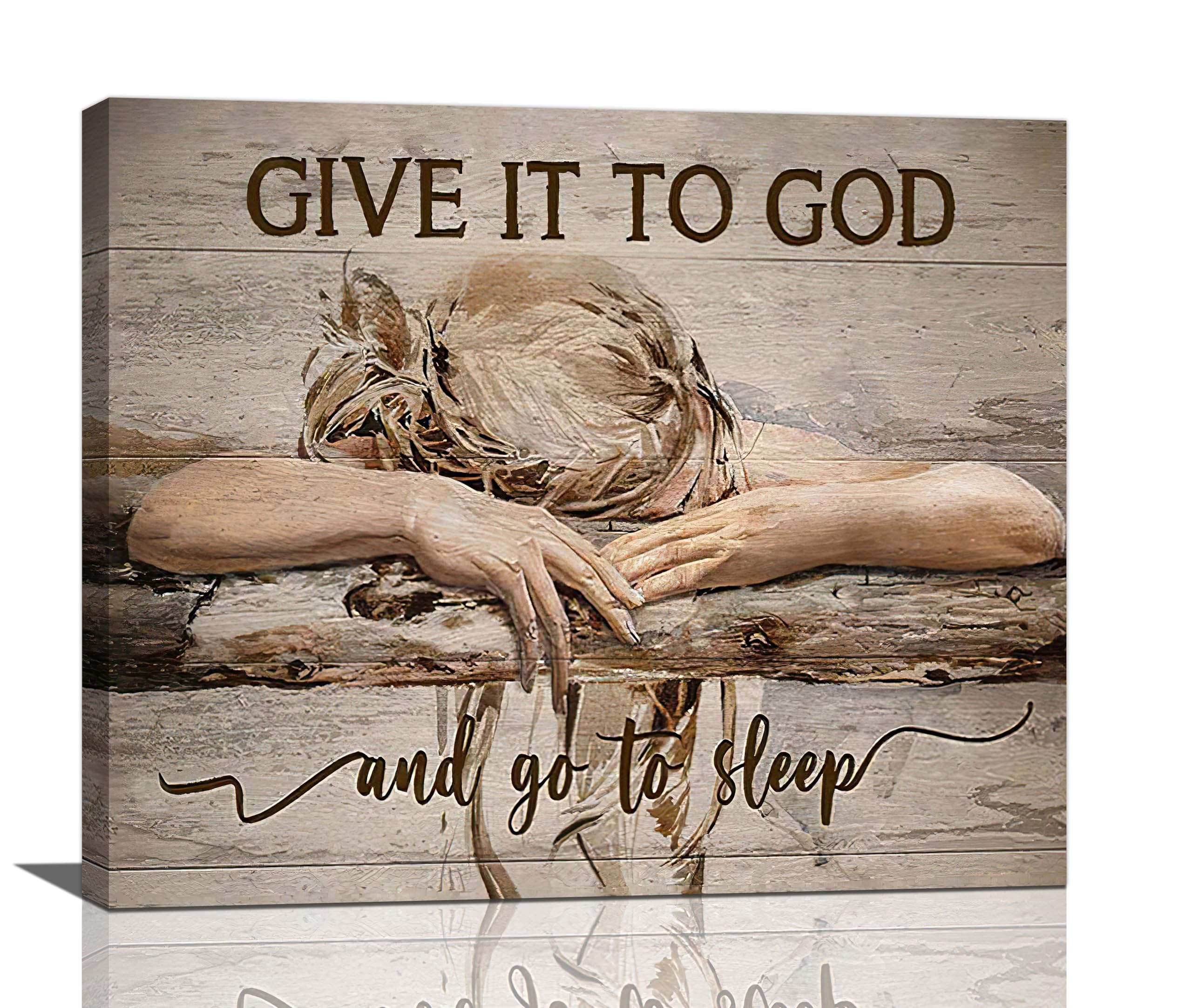 Farmhouse Wall Decor for Bedroom Give It to God and Go to Sleep Sign Pictures Rustic Above Bed Wall Art Christian Girl Sleep Painting Country Bible