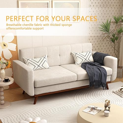 Miniatura 4 de DIFY Sofá de 3 plazas de felpilla de 77 pulgadas, sofá tapizado con patas de madera maciza, respaldo copetudo, decoración moderna de mediados