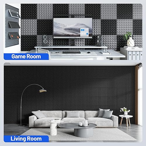 Miniatura 7 de Paquete de 12 paneles de espuma piramidales a prueba de sonido para paredes con paneles acústicos de alta densidad autoadhesivos actualizados de 2 x