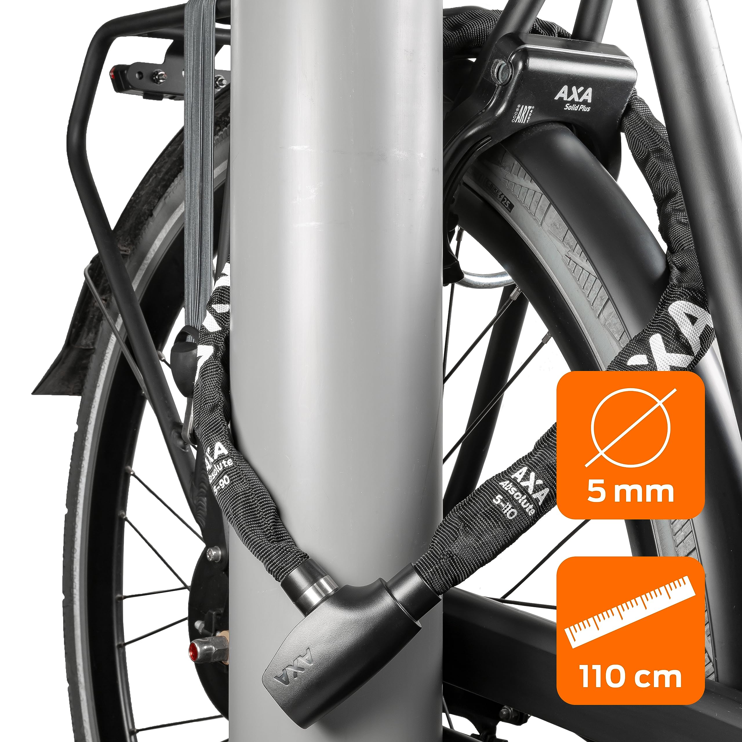 AXA Absolute 5-110 Antivol de vélo, Chaîne antivol, Cadenas pour vélo et trottinette, Sécurité 7 sur 15, 110 cm x 5 mm, Housse en polyester noir