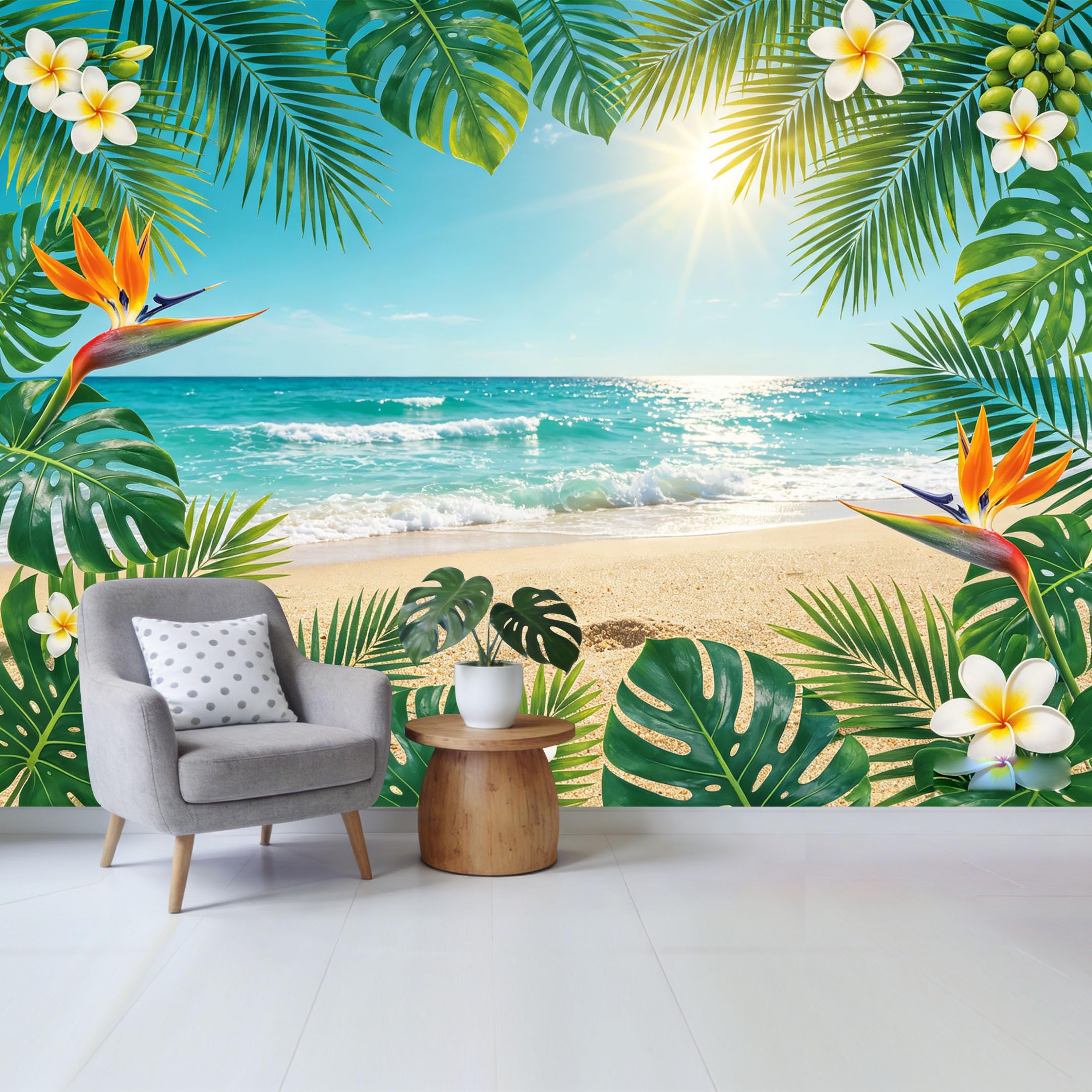 Qzlithotic Yq2605250052 Custom Size Wall Mural Tropical Beach Paradise Palm Leaves Bird Of Paradise Flowers Sun Flare Selfadhesive Wall Fabric Removable Wallpaper For Home Office Decor