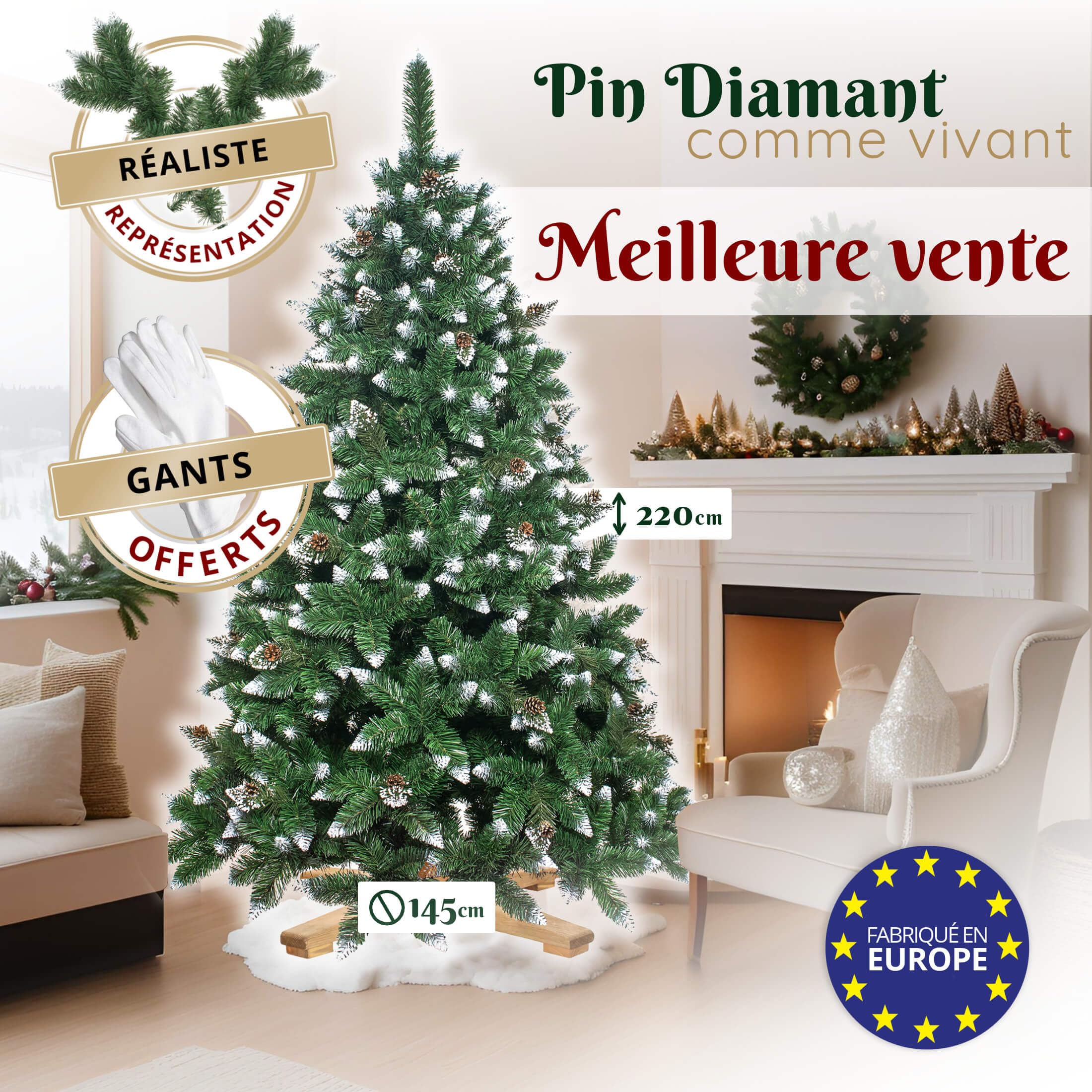 Arbre de Noël artificiel 220 cm Pin Diamant avec neige artificielle Arbre de Noël Artificiel