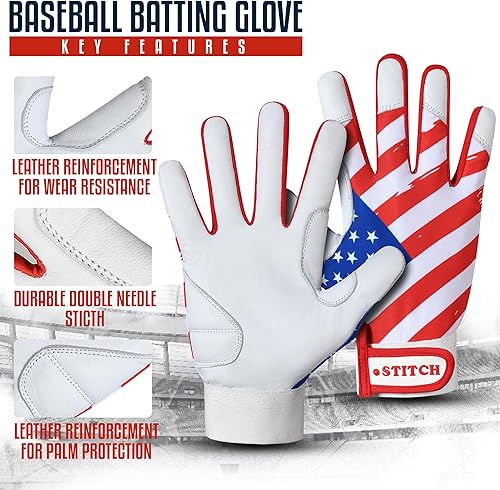 Miniatura 3 de Guantes de bateo  Guantes de béisbol y sóftbol con bandera estadounidense y bandera de Estados Unidos para jóvenes, adultos y unisex
