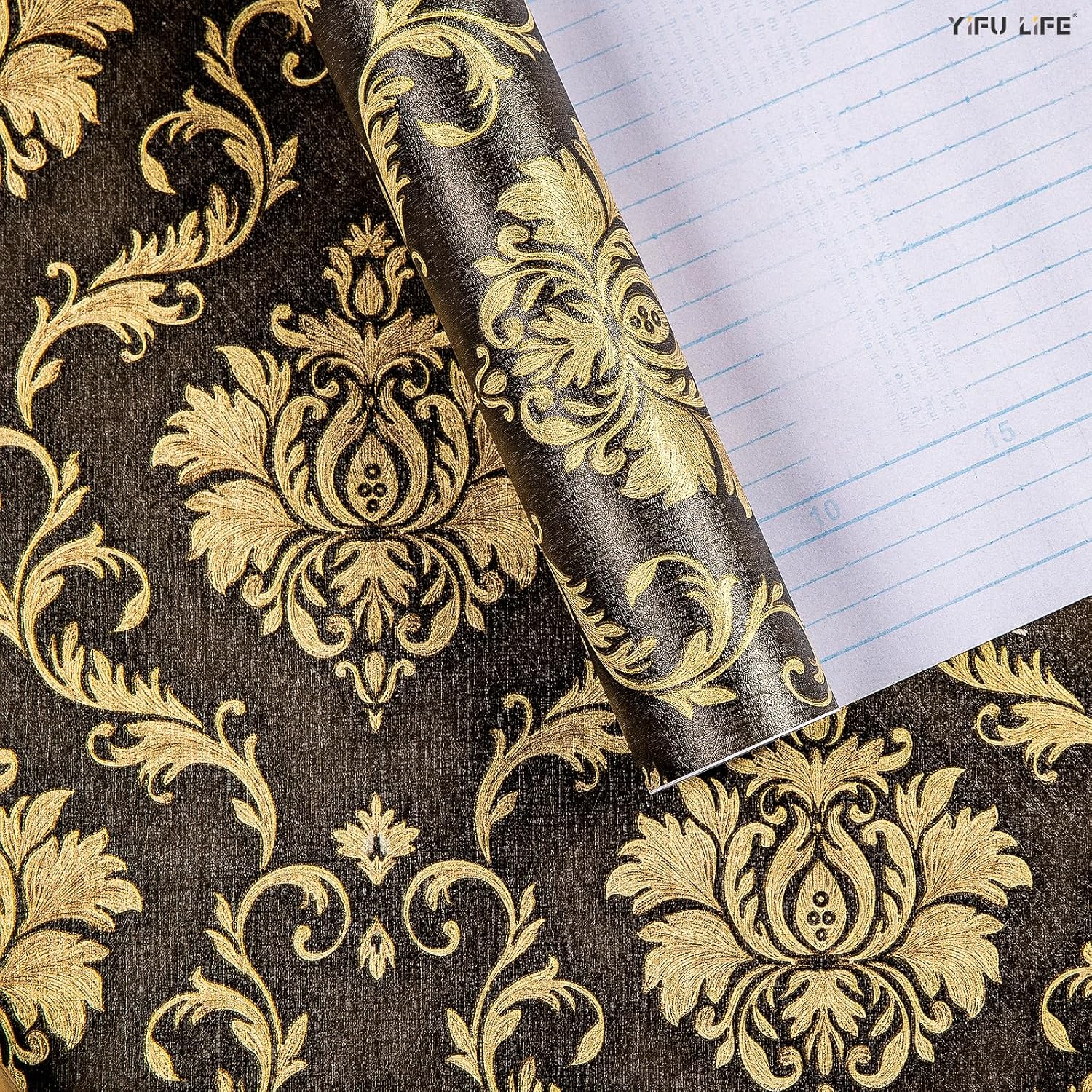 Peel and Stick Damask Wallpaper 17.7"×32.8ft Brown/Black Decorative Wall Covering Pre-Pasted Contact Paper Removable Self-Adhesive Furniture Shelf Liner Vinyl Roll