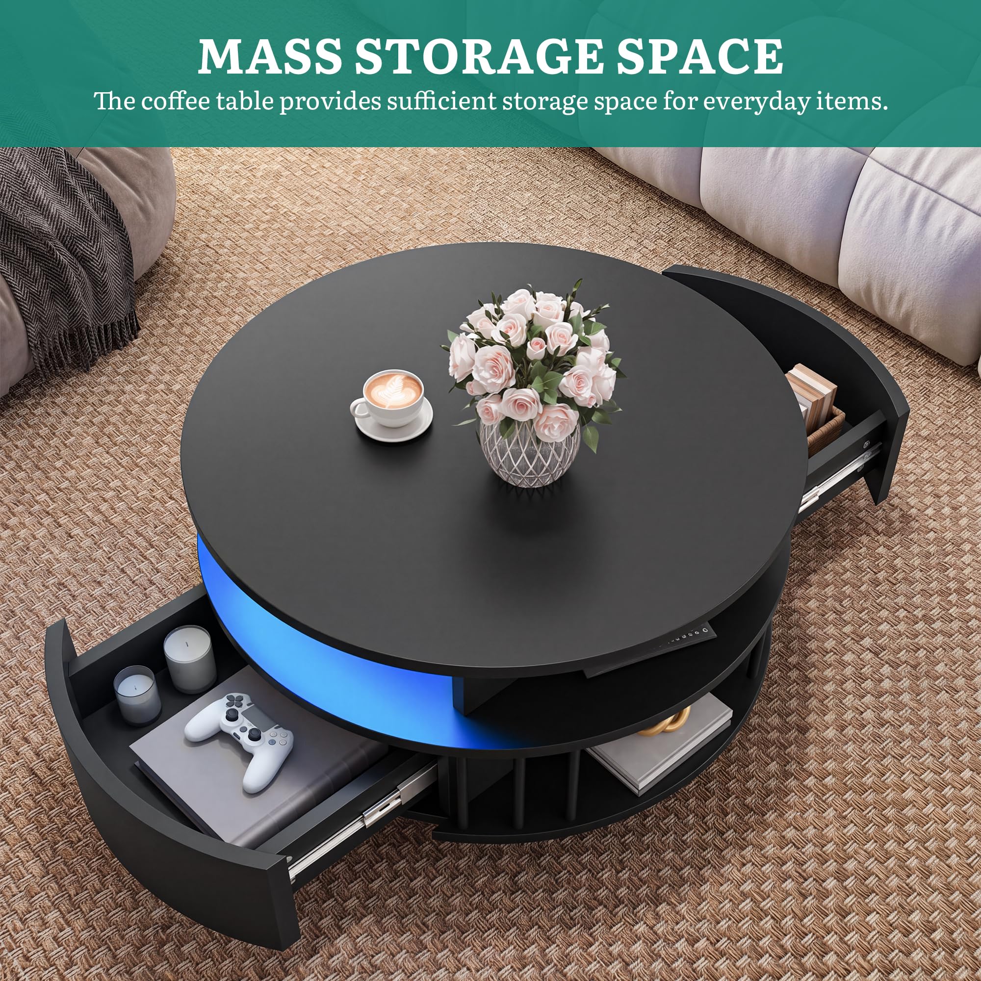 YITAHOME Mesa de Centro Redonda Moderna con LED, 70 cm, Espacio de Almacenamiento de 2 Niveles y 2 Cajones, Diseño Estriado, Estantes, Mesa de Acento para Sala de Estar, Negro