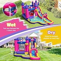 Vista 3 de BOUNTECH Tobogán acuático inflable, parque acuático de princesa con tobogán largo, área de salto, pared de escalada, piscina de chapoteo, aro