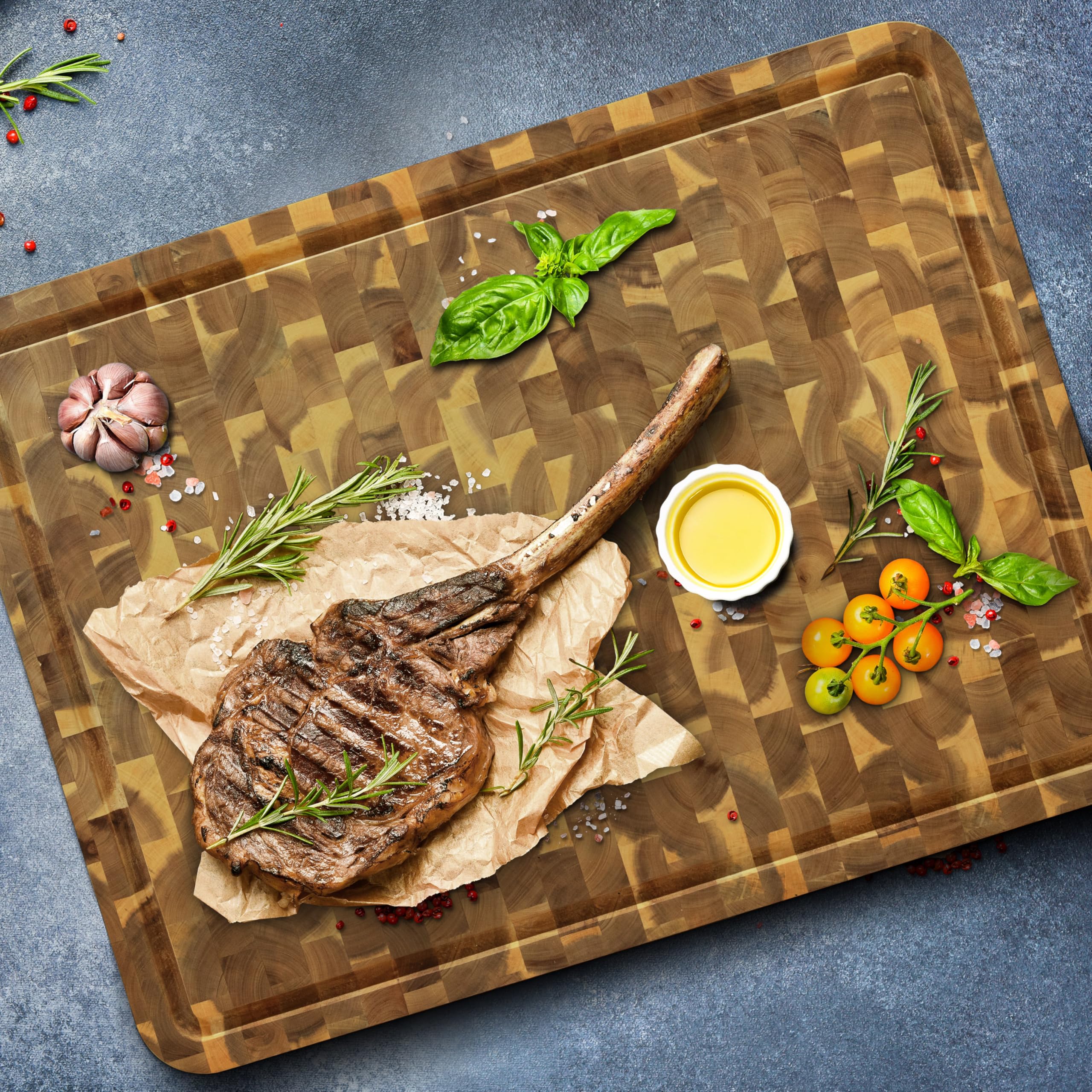 HOMESTEAD Acacia Wood End Grain Cutting Board - Big 24x18x1.5 Butcher Block With Juice Grooves & Handles For Prep And Serving