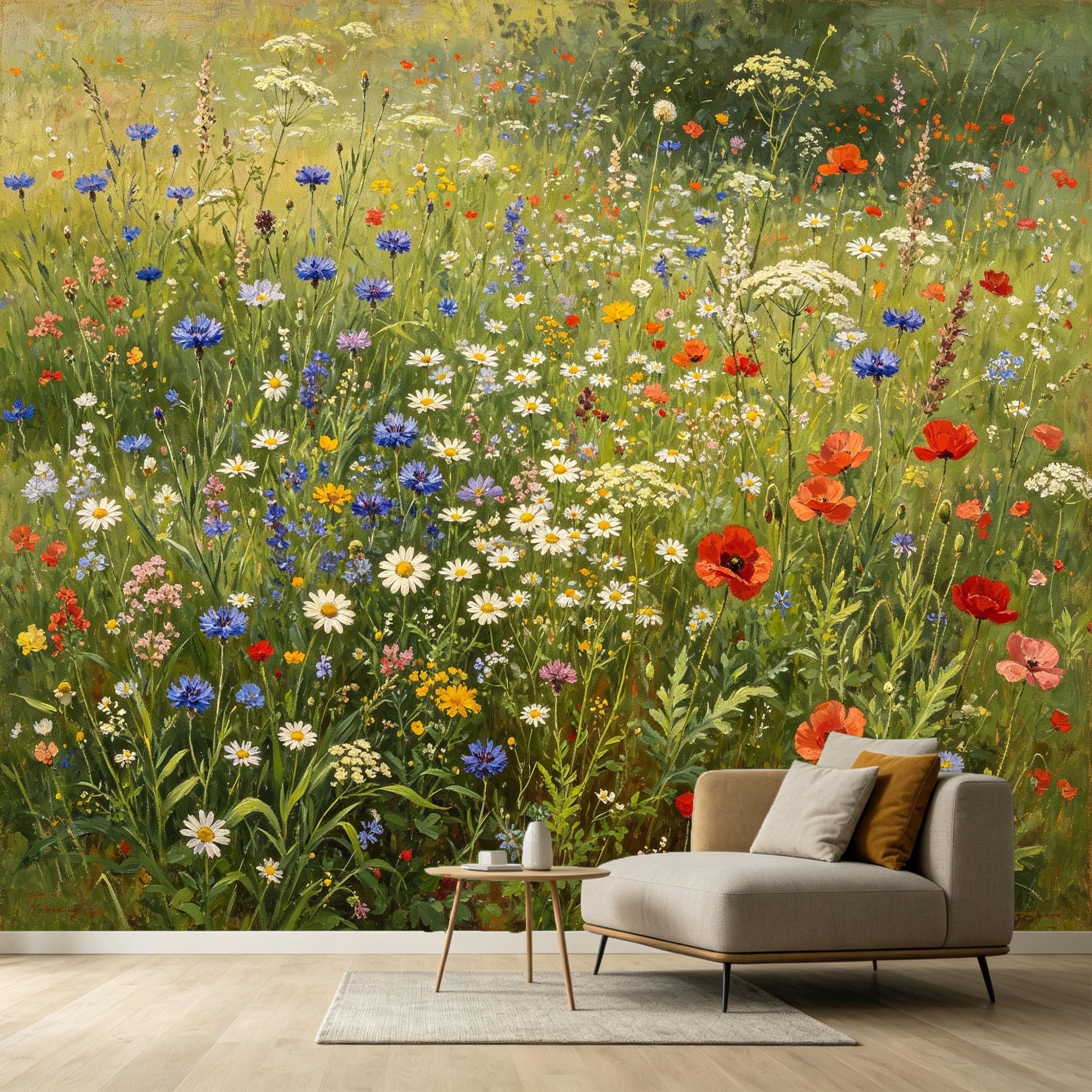 Custom Size Wall Murals Wildflower Meadow Botanical Oil Painting Colorful Daisy Cornflower Bloom SelfAdhesive Wall Fabric Removable Large Wallpaper for Living Room