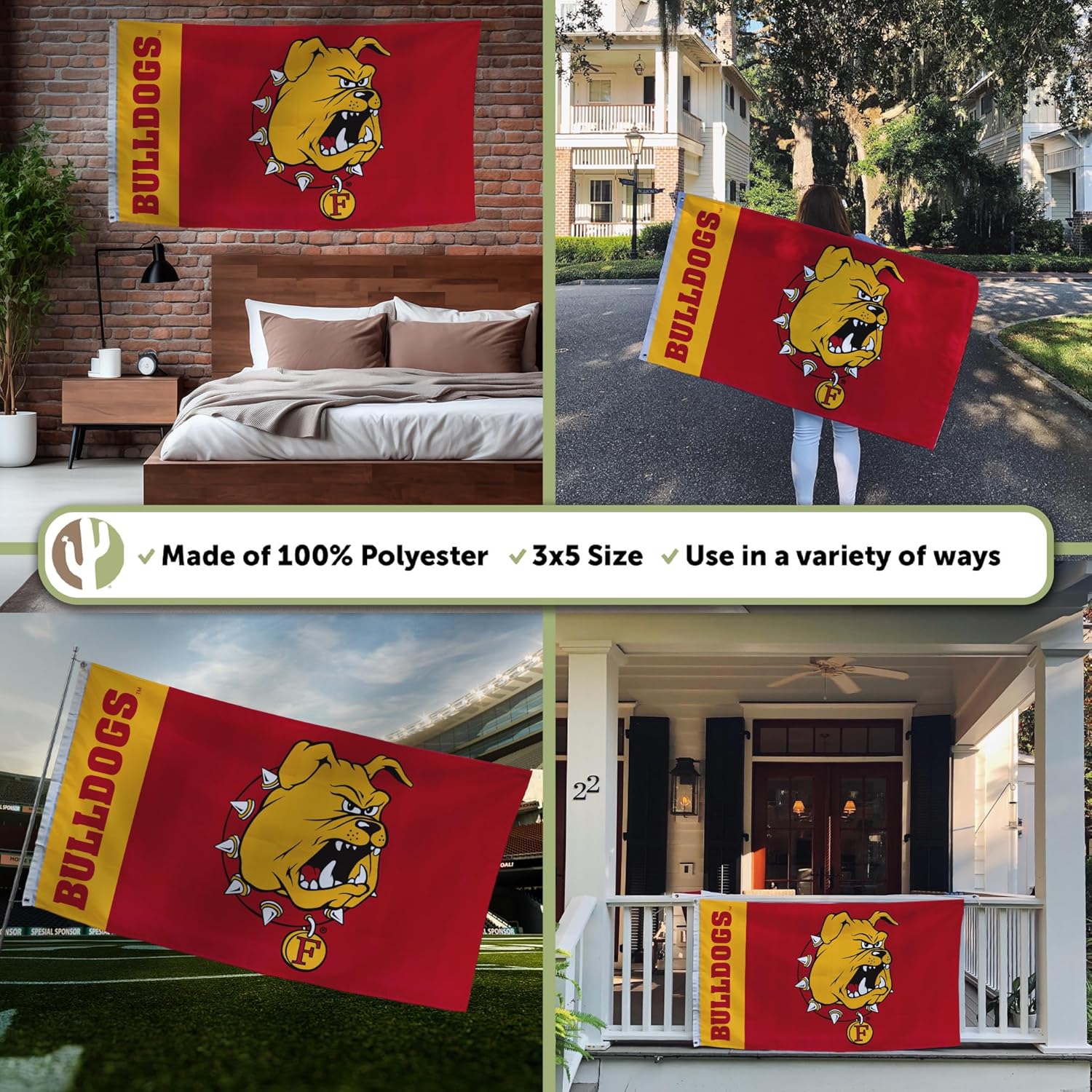 Desert Cactus Ferris State University Flag FSU Bulldogs Banners 100% Polyester Indoor Outdoor 3x5 feet Flags (Team Name) - Image 3