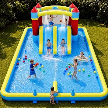 OUTLANE Inflatable Bounce House, 6-in-1 Double Inflatable Water Slide with Blower, Circle, Jumping, Water Gun, Ball Pool, Basketball Hoop,Ring Toss for Kids Outdoor Backyard 168 x 137 x 70