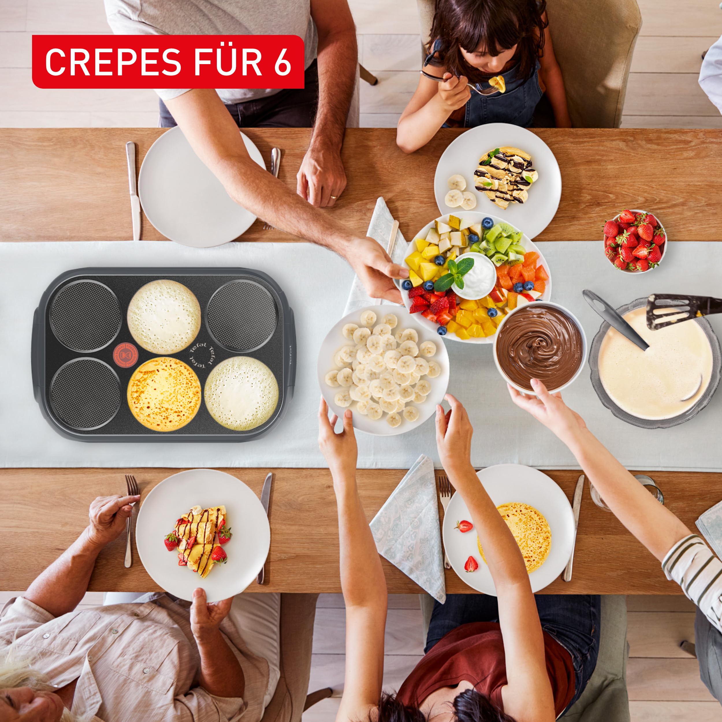 Tefal Crep'Party Crêpes- und Pancake-Maker, für 6 Personen, antihaftbeschichtete Platten, platzsparende Aufbewahrung, Thermo-Signal Temperaturindikator, Collector Design, Grau, PY558BF0