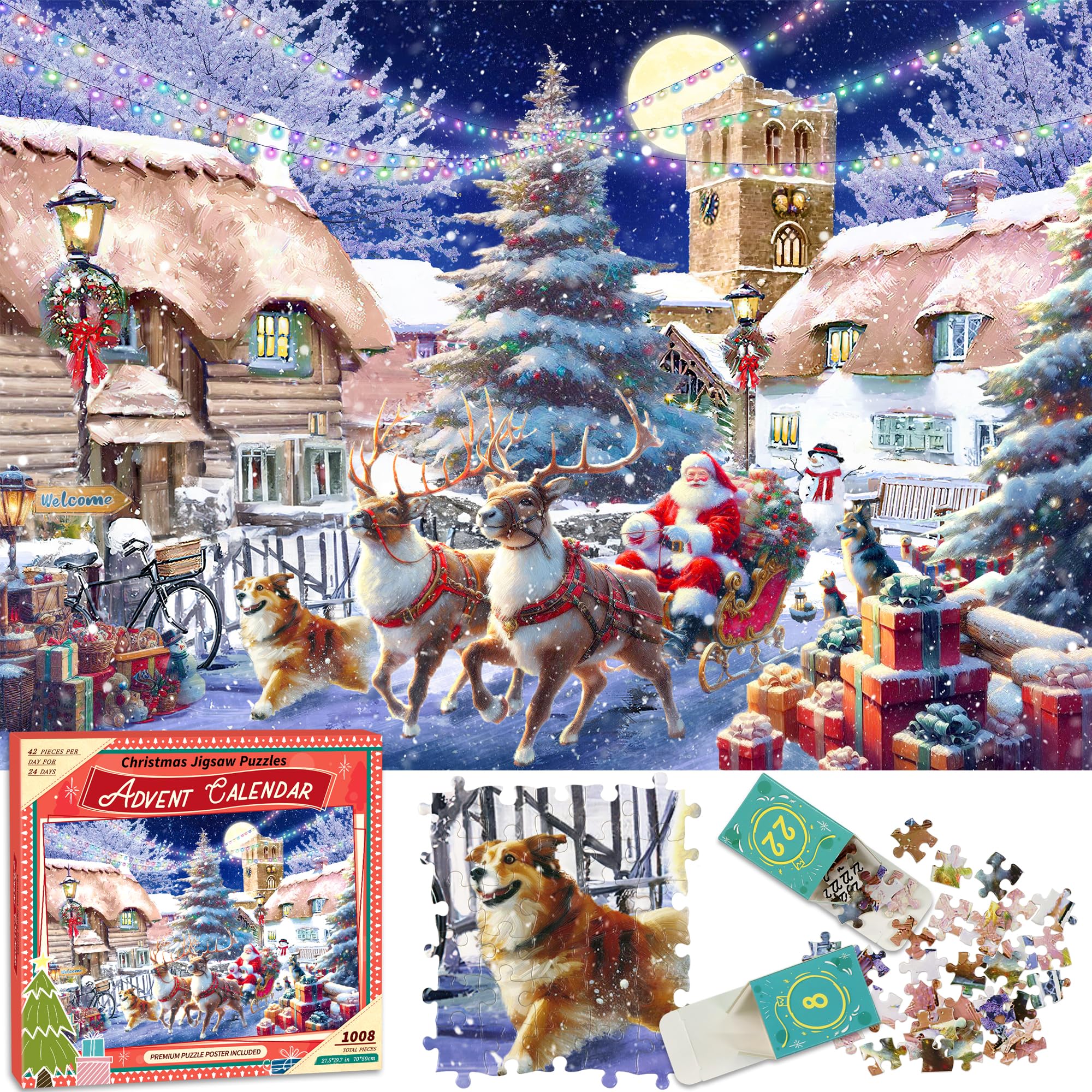 Puzzle Advent Calendar 2025 - Christmas Santa's Sleigh Ride 1008 Pieces Christmas Puzzle for Adults kids, 24 Days Holiday Puzzle Countdown to Christmas as Home Decoration