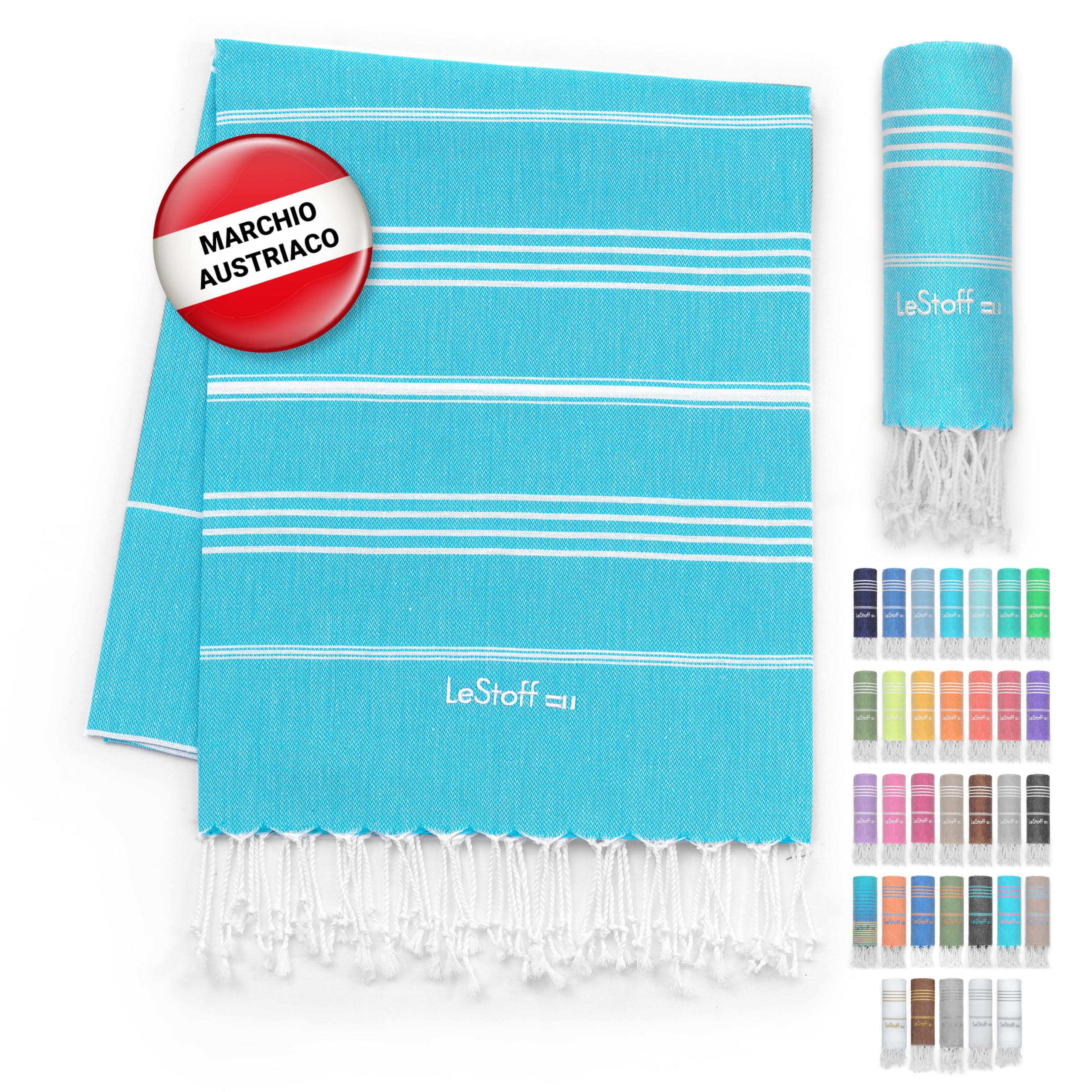 LeStoff Telo mare - 100% Cotone bio, 95 x 180 cm, Prelavato, Assorbente, Asciugatura Rapida, Leggero, Fouta, Telo Spiaggia, Telo Bagno, Telo Yoga, Telo Sauna, Asciugamano Sportivo, Coperta (Aqua)