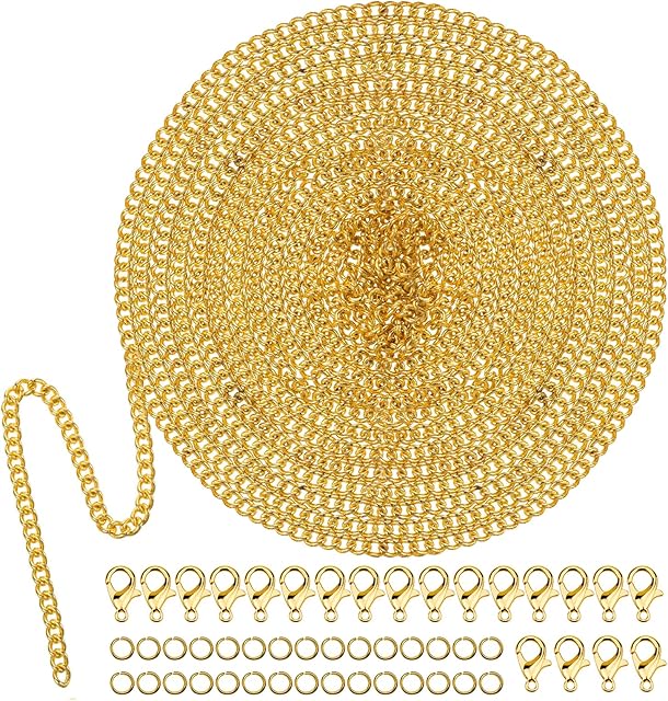 GOOHOME 33 Feet Jewelry Chain 1.5 mm Link Cable Chain Gold Plated DIY Link Chain Necklaces Twisted Chains with 30 Jump Rings and 20 Lobster Clasps for Men Women Jewelry Chain DIY Making