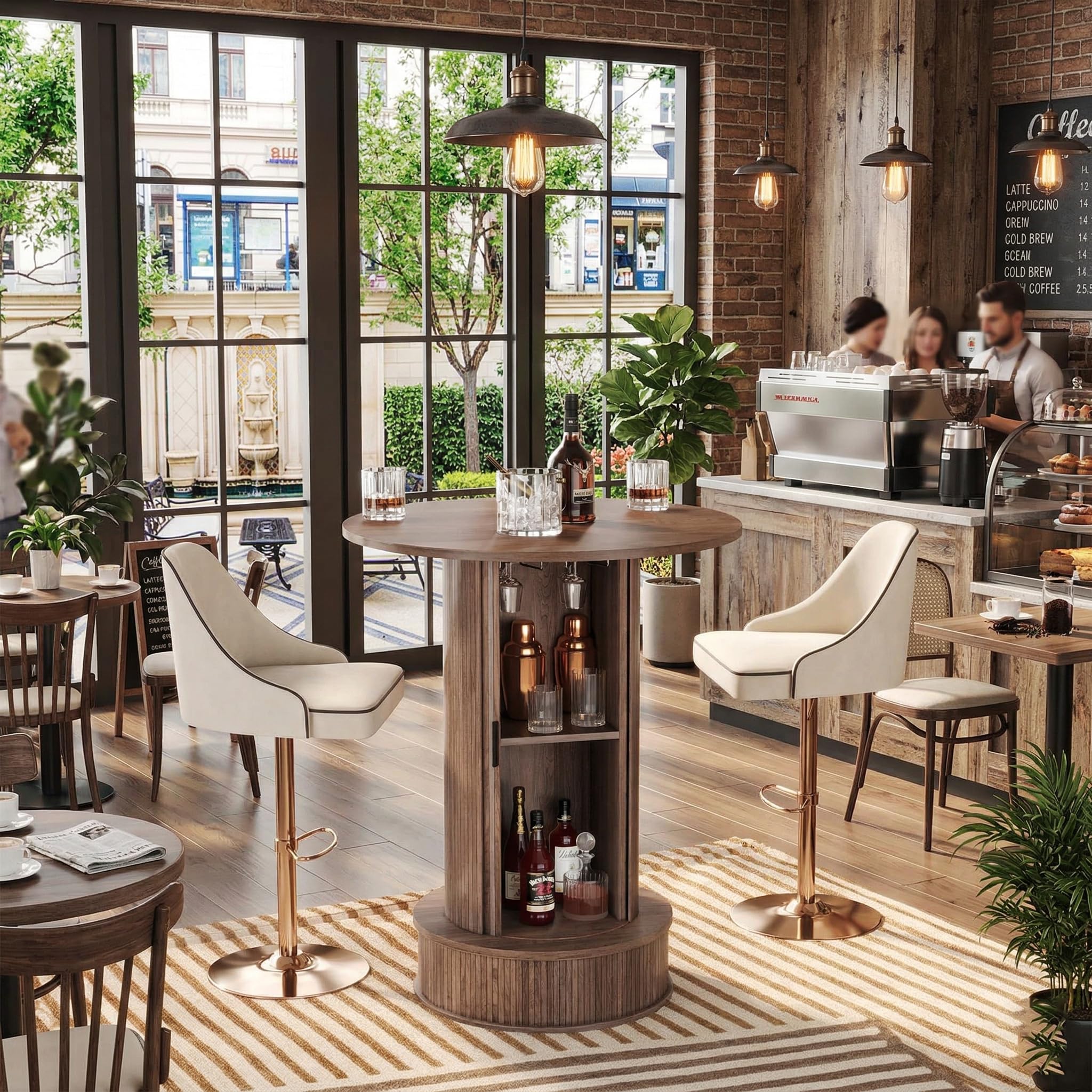 Runder Bartisch mit zweistufigem, verstecktem Stauraum und Weinglasablage, 97 cm hoch, rustikaler Cocktailtisch/Stehtisch mit Fußstütze und Schiebetür für Bars, Esszimmer, Wohnzimmer